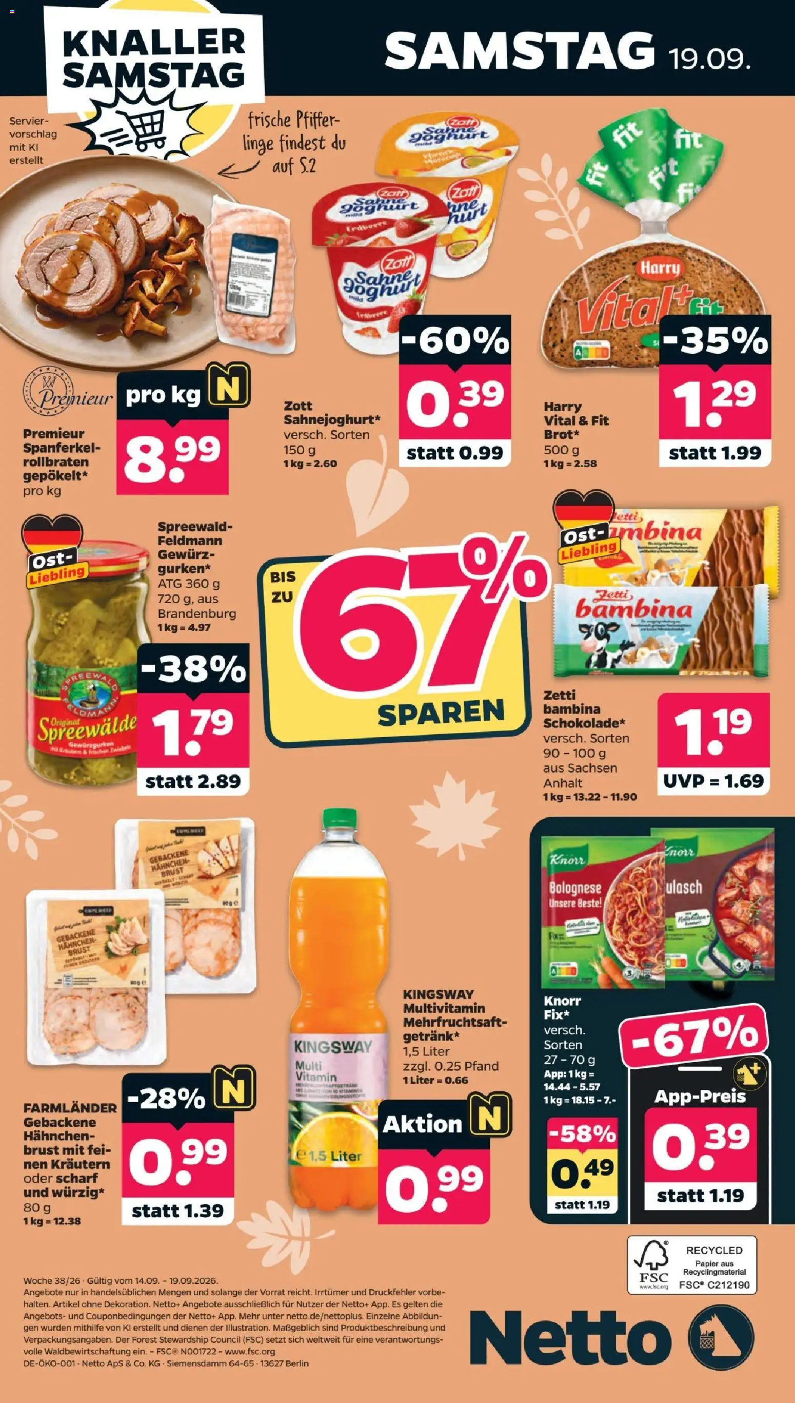 Vorschau von dem Prospekt des Geschäftes Netto, gültig ab dem 14.09.2026 - Joghurt, Sahne, Knorr, Hahnchen