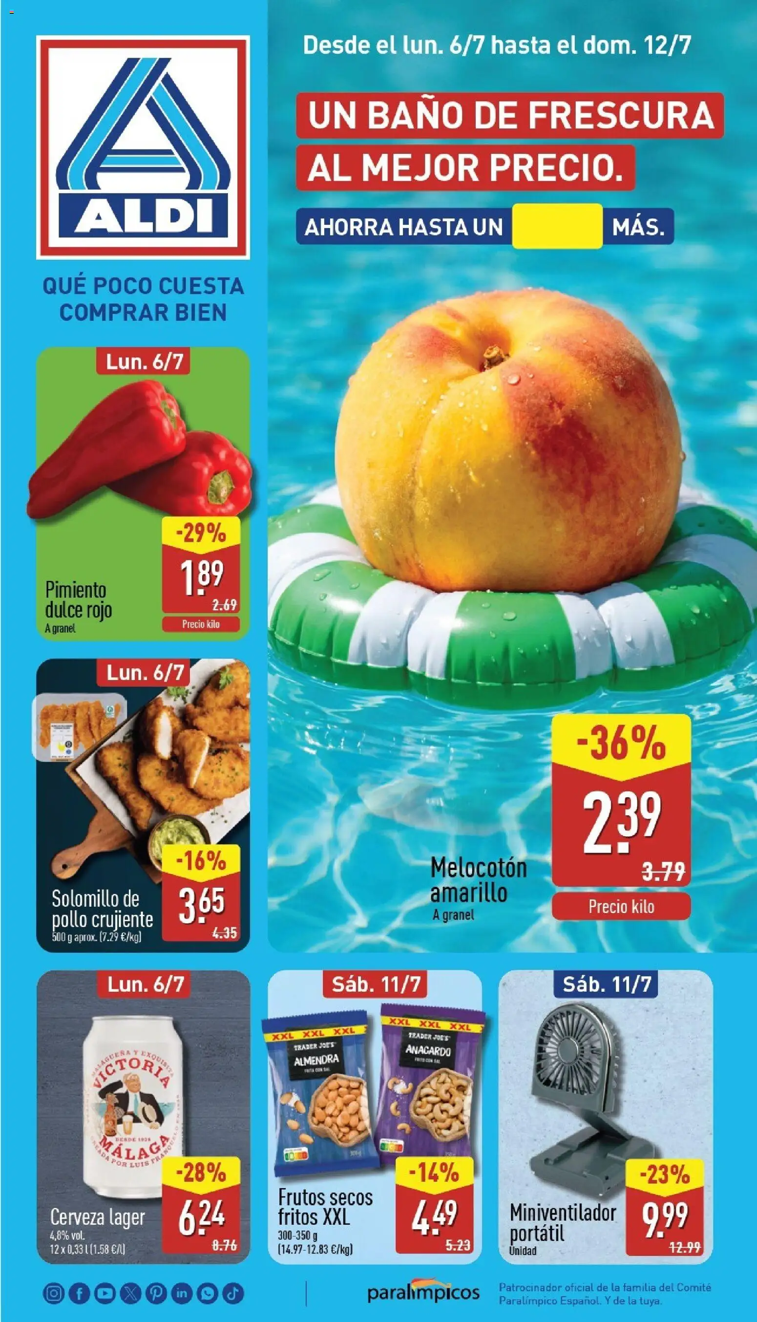 Vista previa del folleto de la tienda Aldi válido desde el 06/07/2026 - Baño, Cerveza, Portátil, Frutos secos, Pimiento, Dulce, Melocotón amarillo, Pollo