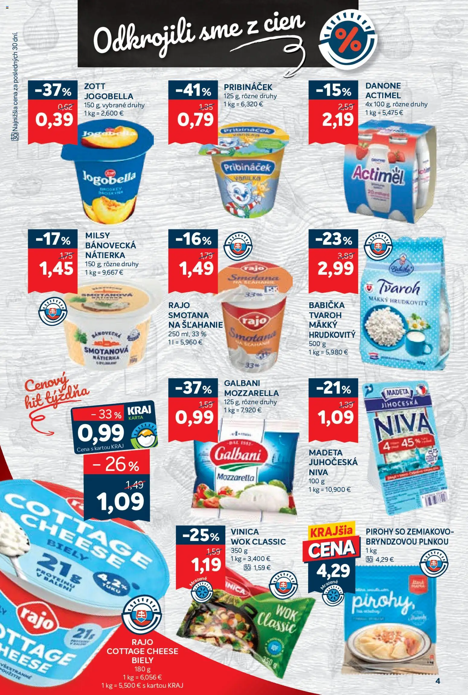 Náhľad Kraj letáku platného od 29.10.2026 - Pirohy, Tvaroh, Mozzarella, Cottage cheese, Niva, Actimel, Smotana, Nátierka