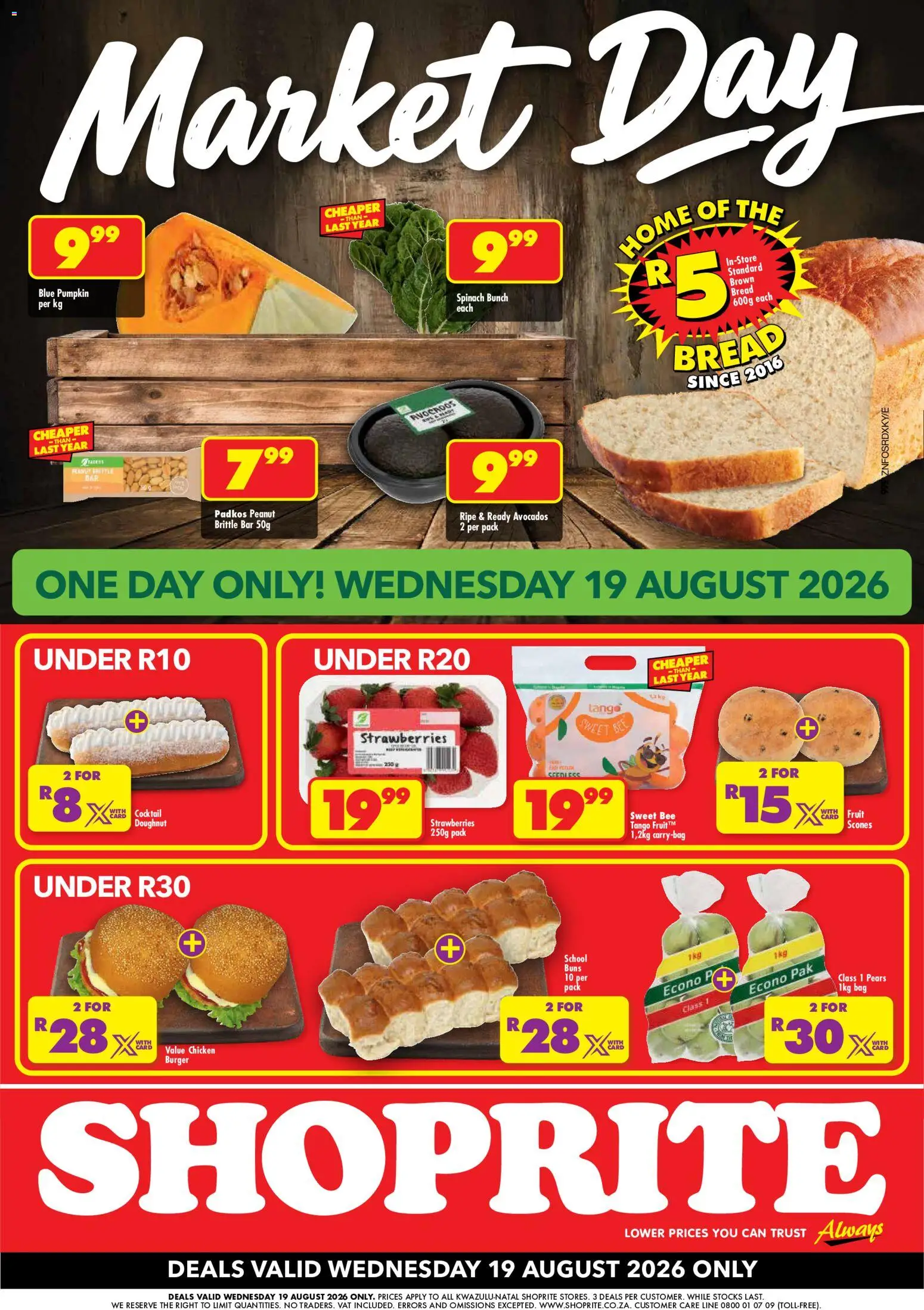 Preview of Shoprite flyer valid from 19/08/2026 - Chicken, Bag, Fruit, Bread, Strawberries, Avocados, Pears, Buns
