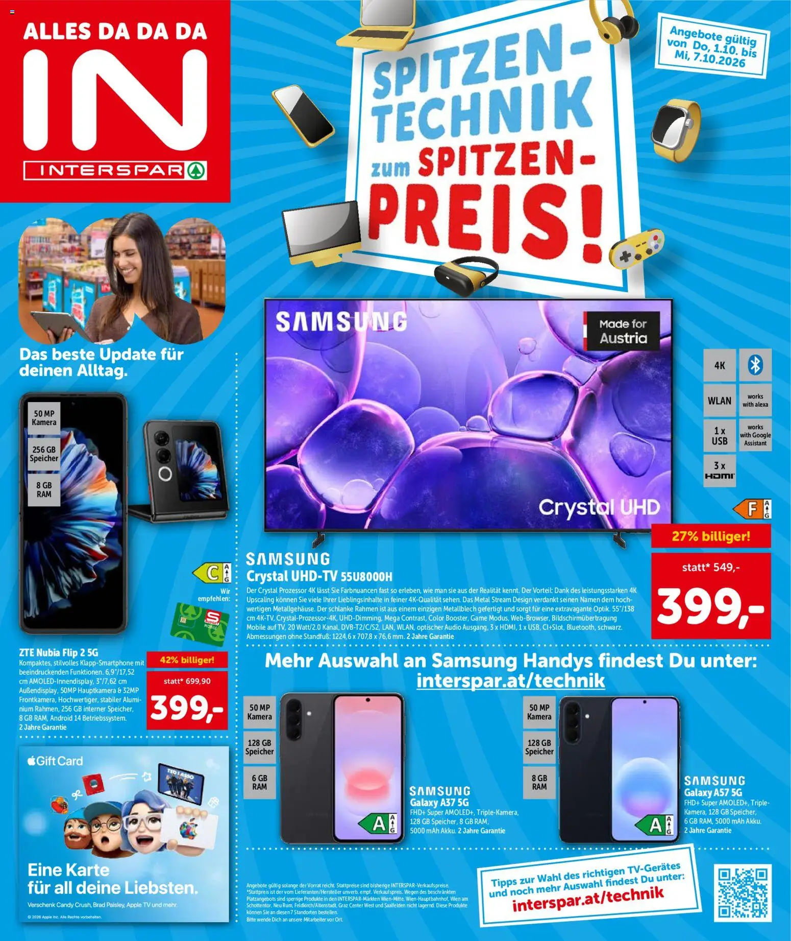Vorschau der Angebote: Interspar Interspar Sonderfolder Technik gültig ab 01.10.2026 - Apple, Samsung, TV, Kamera, Audio