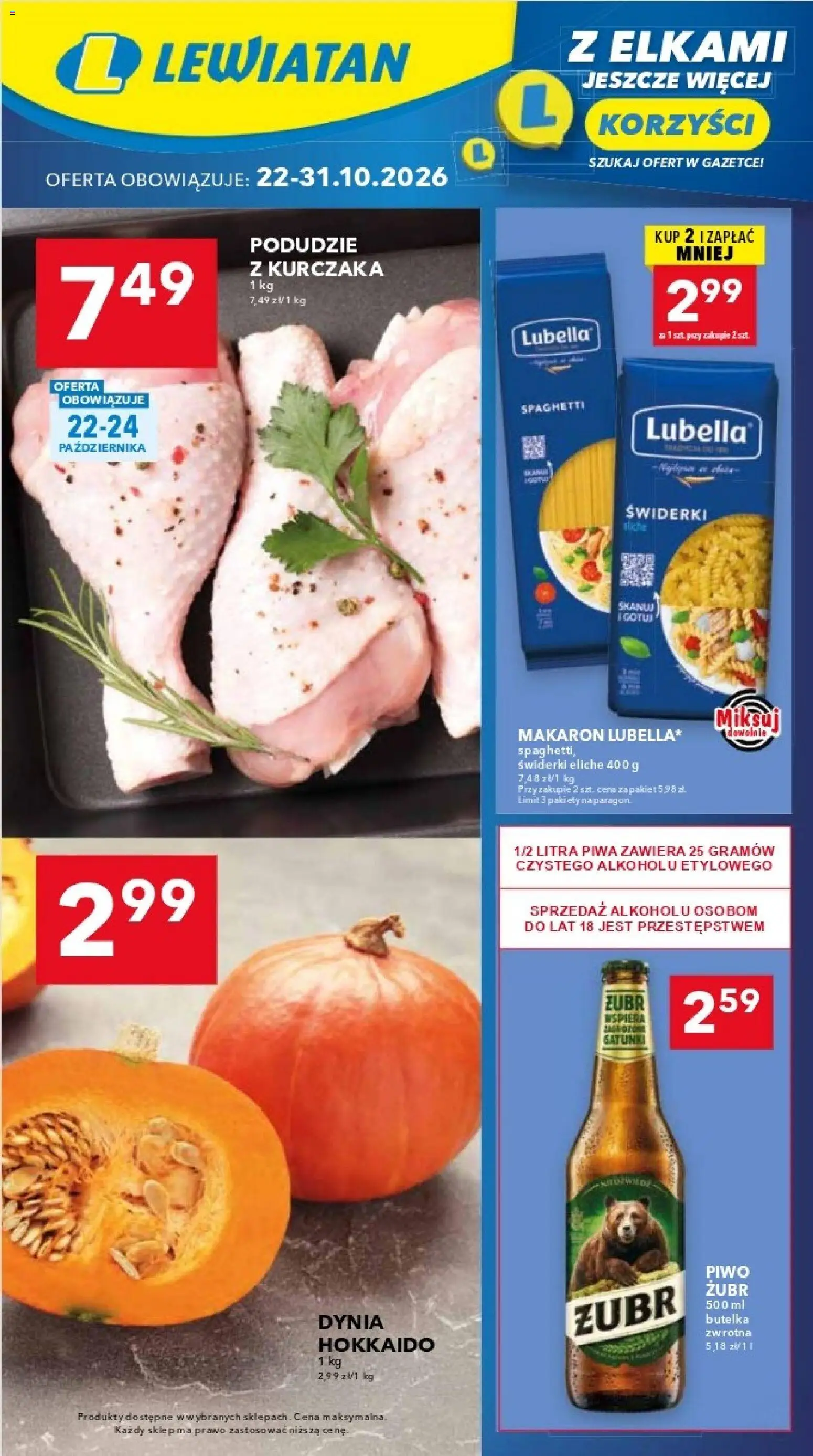 Pogląd gazetki "Lewiatan gazetka - Katowice" ze sklepu Lewiatan ważnej od 22.10.2026 - Piwo, Makaron, Spaghetti, Dynia, Piwo żubr