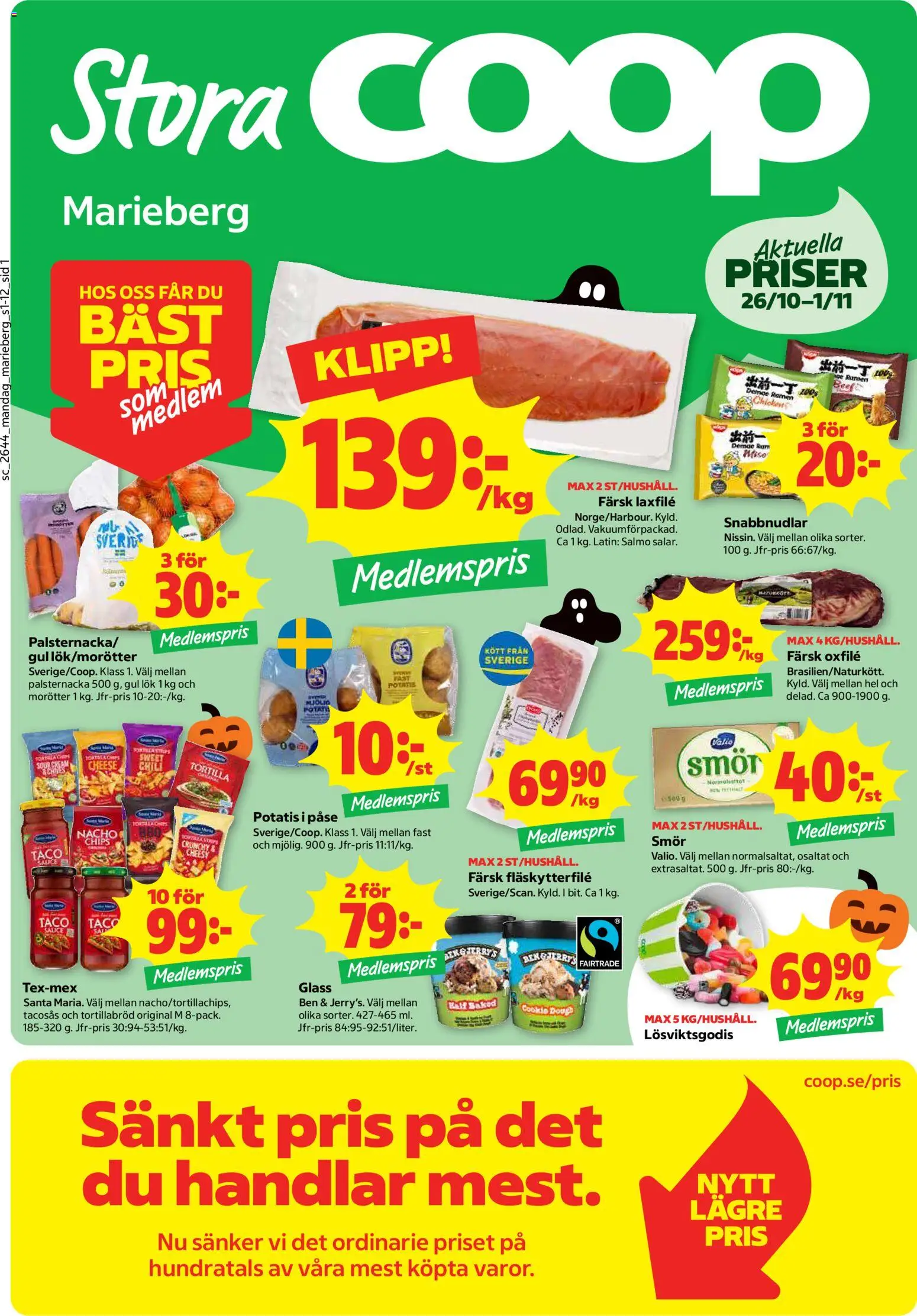 Förhandsgranska reklamblad Coop Forum erbjudanden från butik Coop Forum gäller från 26/10/2026 - Chili, Smör, Kött, Ben, Tortilla, Tacosås, Fläskytterfilé, Laxfilé