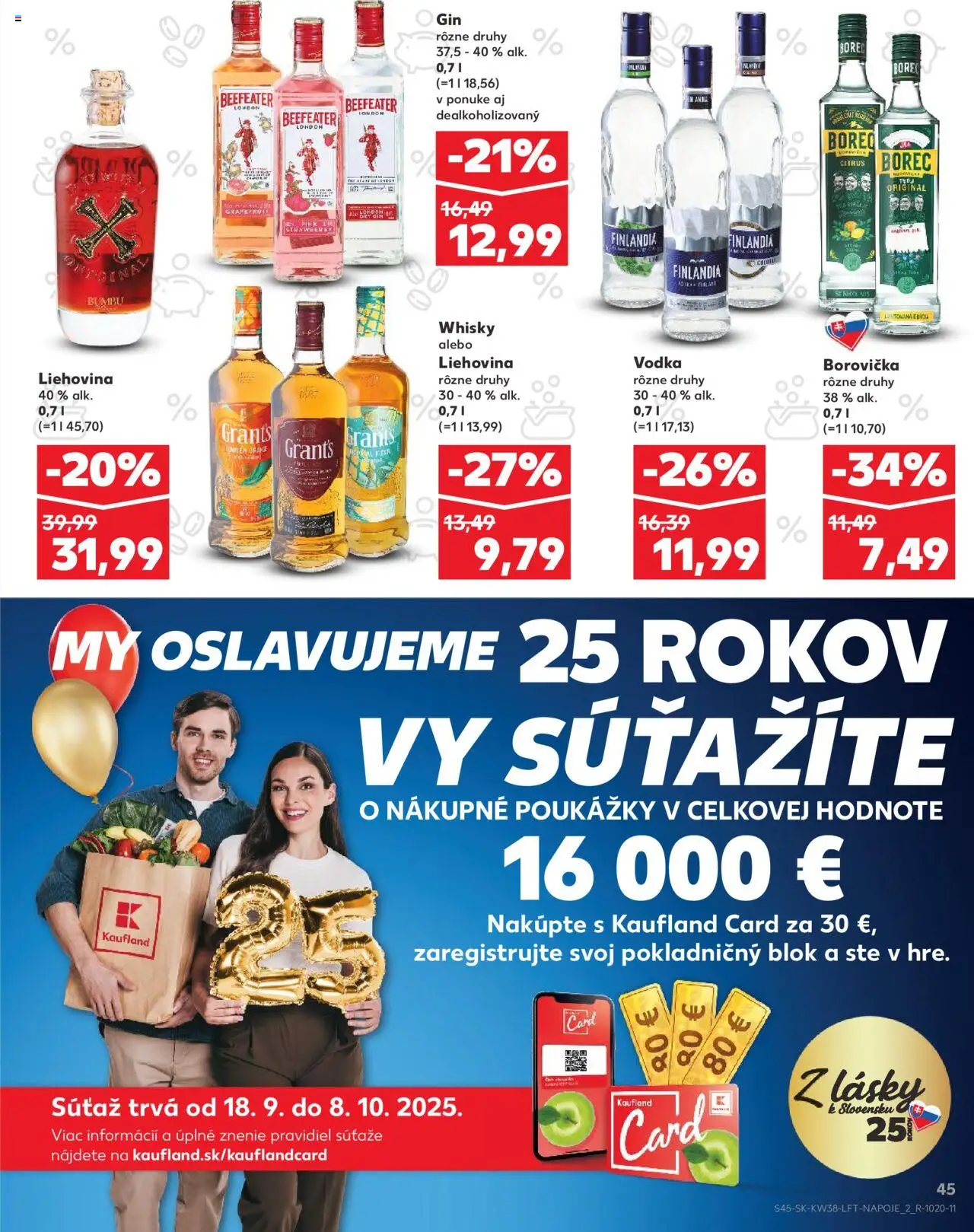 Náhľad Kaufland letáku platného od 18.09.2025 - Vodka, Borovička, Gin, Whisky, Beefeater, Grapefruit, Finlandia