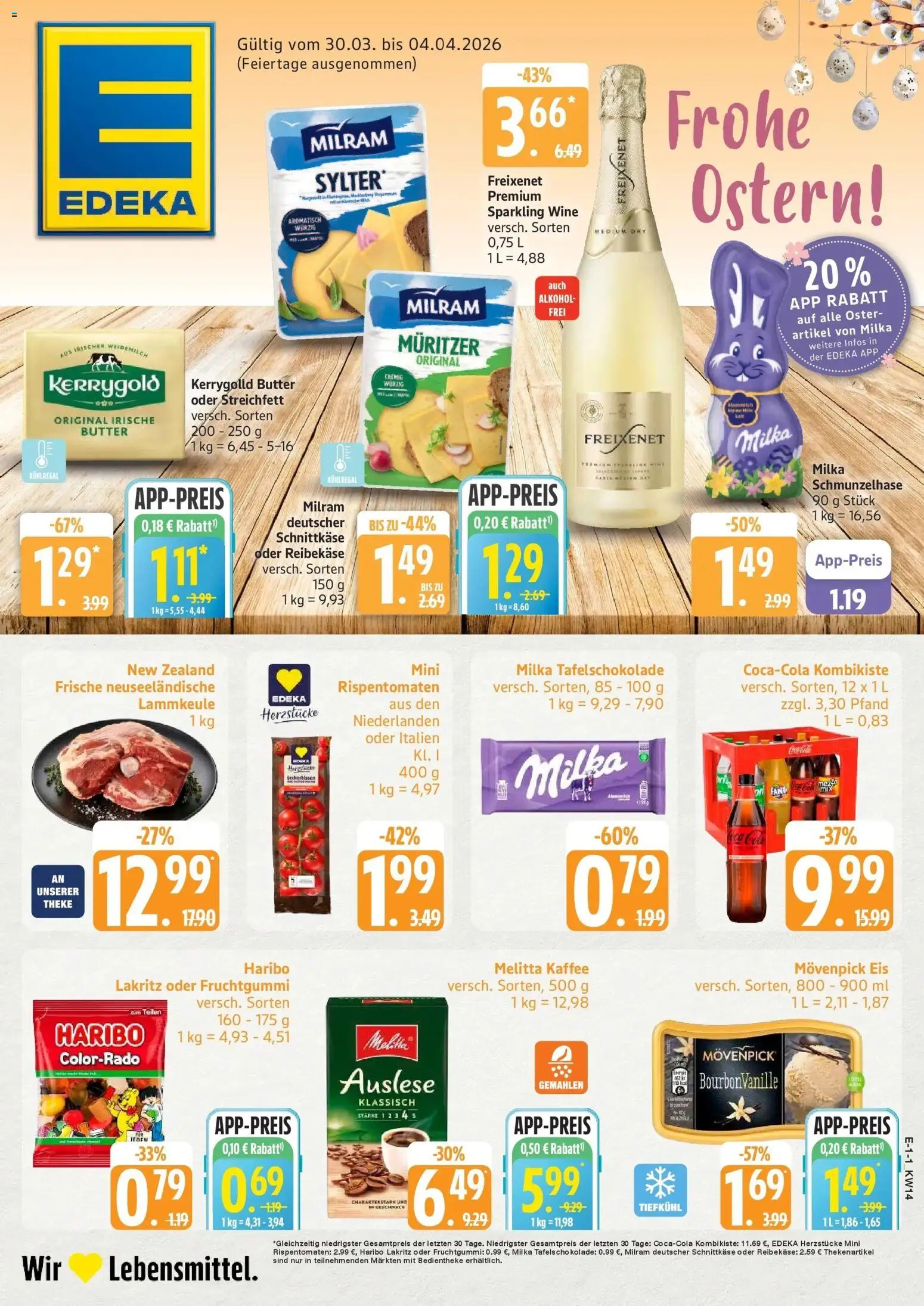 Vorschau von dem Prospekt des Geschäftes Edeka, gültig ab dem 30.03.2026 - Butter, Haribo, Milka, Melitta, Lammkeule, Movenpick eis, Milram, Reibekase