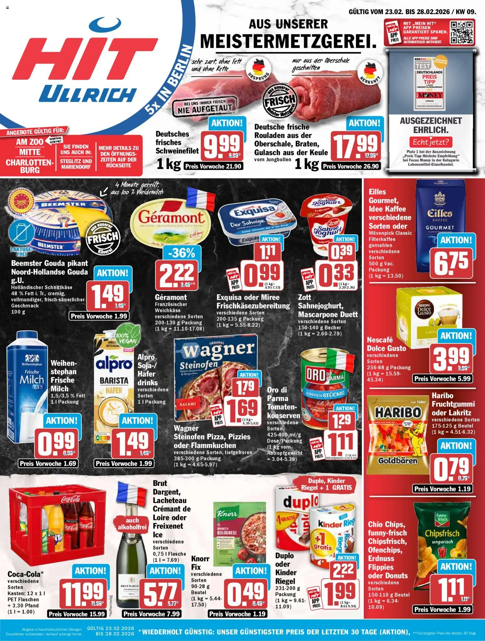 Vorschau von dem Prospekt des Geschäftes HIT, gültig ab dem 23.02.2026 - Kaffee, Gulasch, Mascarpone, Milch, Sahne, Tomaten, Freixenet, Exquisa