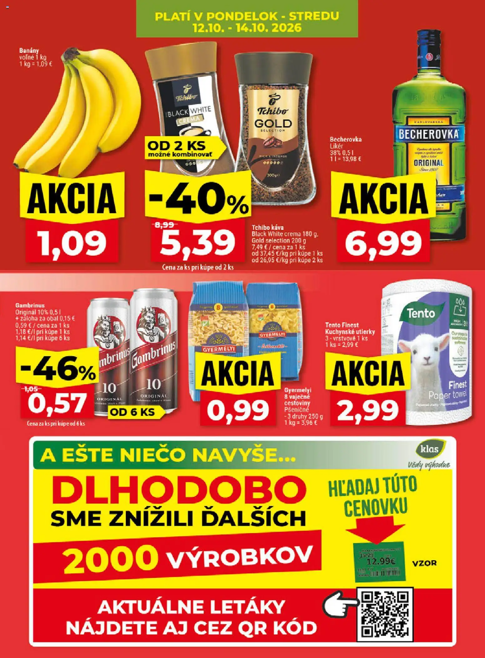 Náhľad Klas letáku platného od 12.10.2026 - Káva, Cestoviny, Becherovka, Kuchynské utierky, Gambrinus, Utierky, Banány