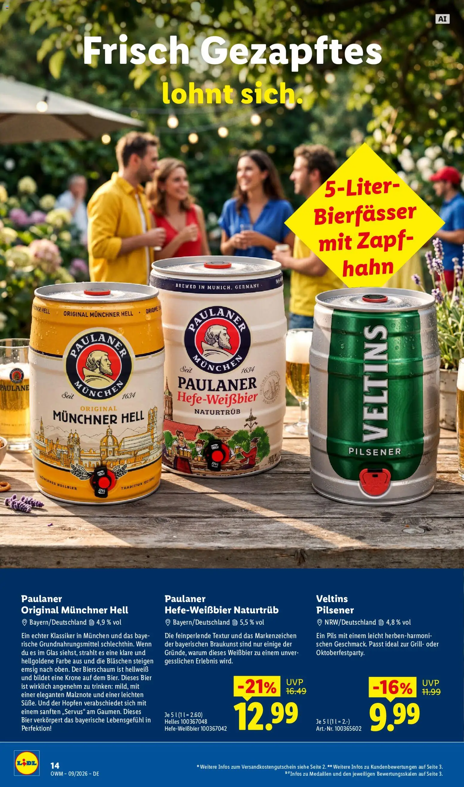 Vorschau von dem Prospekt des Geschäftes Lidl, gültig ab dem 01.09.2026 - Bier, Grill, Paulaner, Veltins, Weißbier, Pils