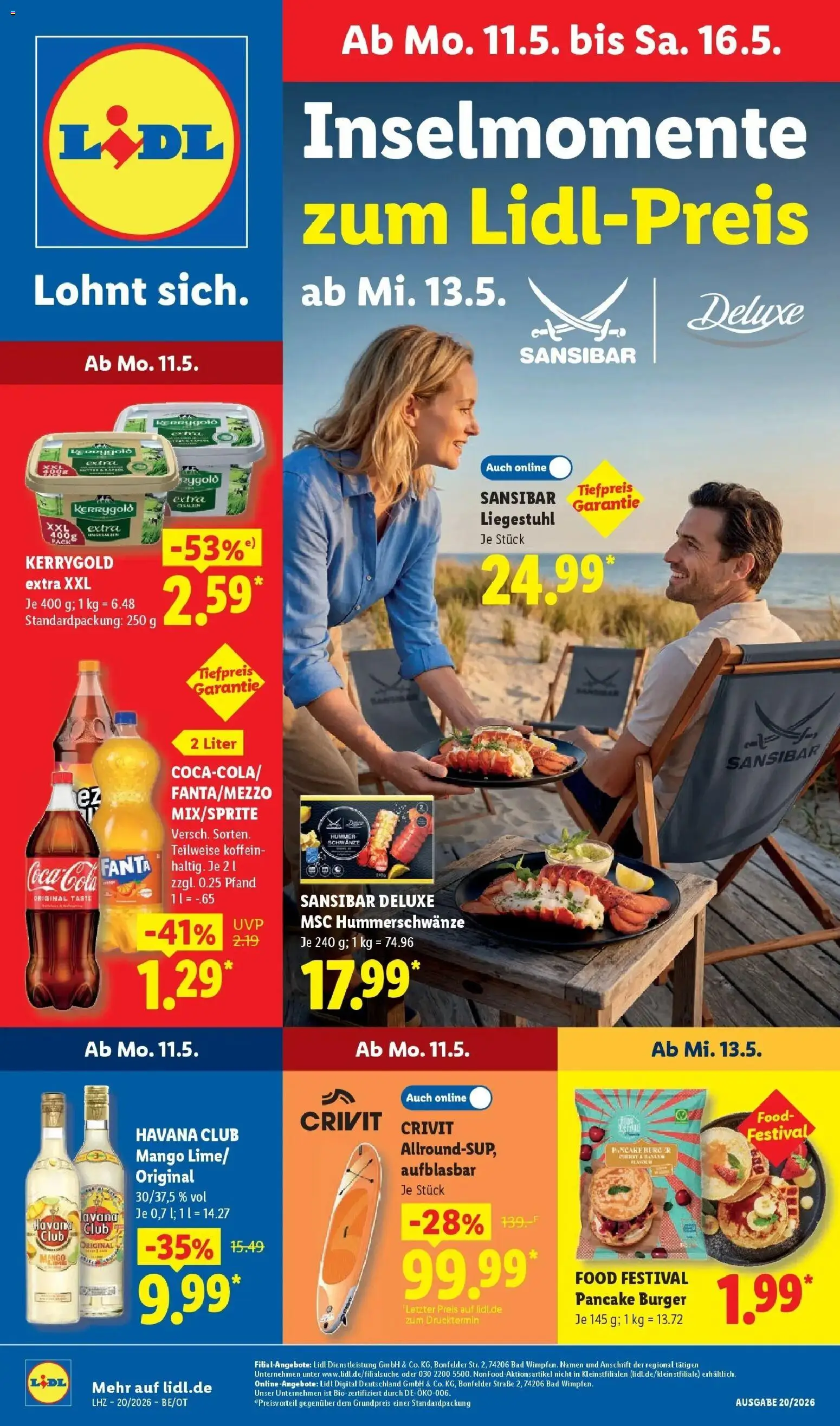Vorschau von dem Prospekt des Geschäftes Lidl, gültig ab dem 11.05.2026 - Mango, Burger, Butter, Bad, Havana club, Fanta, Liegestuhl
