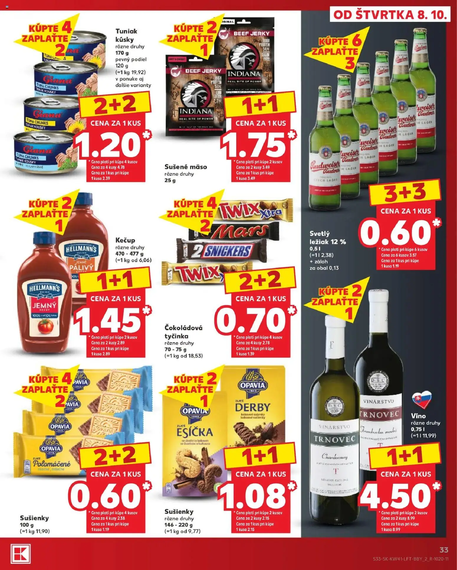 Náhľad Kaufland letáku platného od 08.10.2026 - Mäso, Víno, Tuniak, Snickers, Kečup, Jerky, Sušienky, Sušené mäso