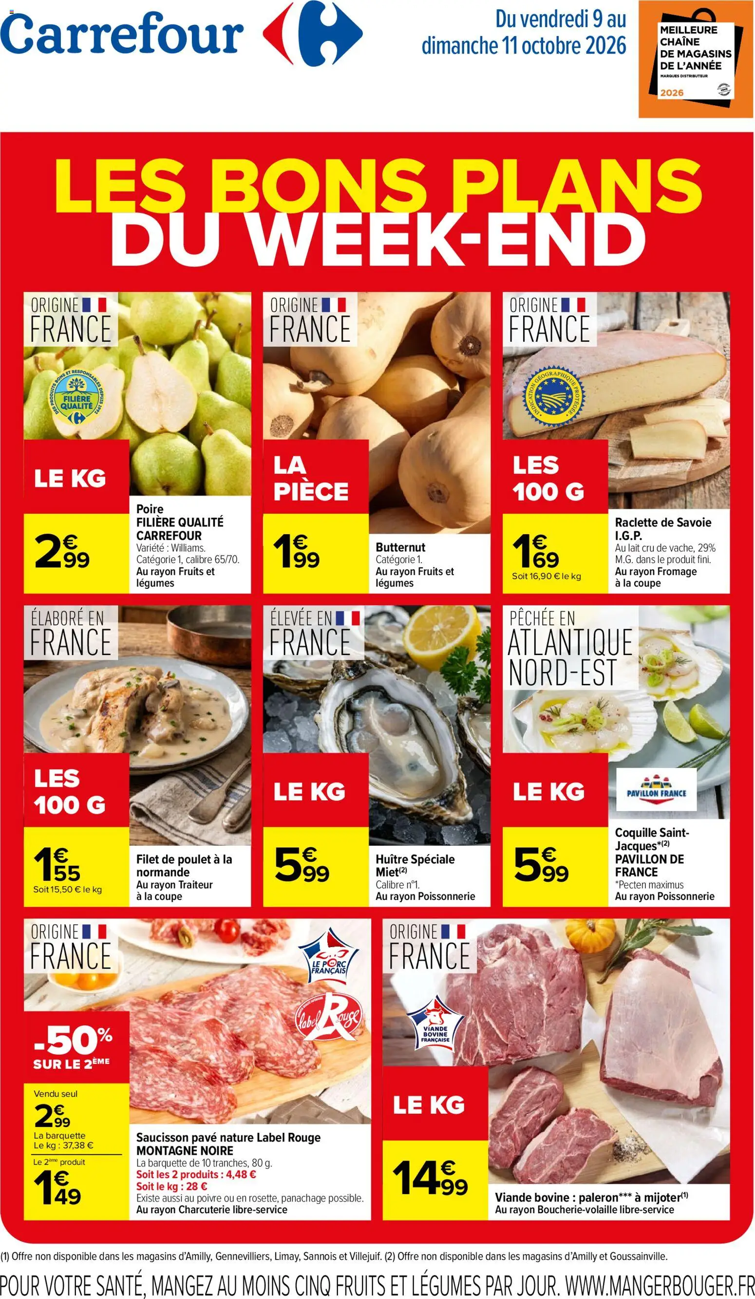 Prévisualisation de Carrefour les bons plans du week-end du magasin Carrefour formulaire valide 09/10/2026 - Raclette, Distributeur, Butternut, Lait, Poire, Porc, Poivre, Viande bovine
