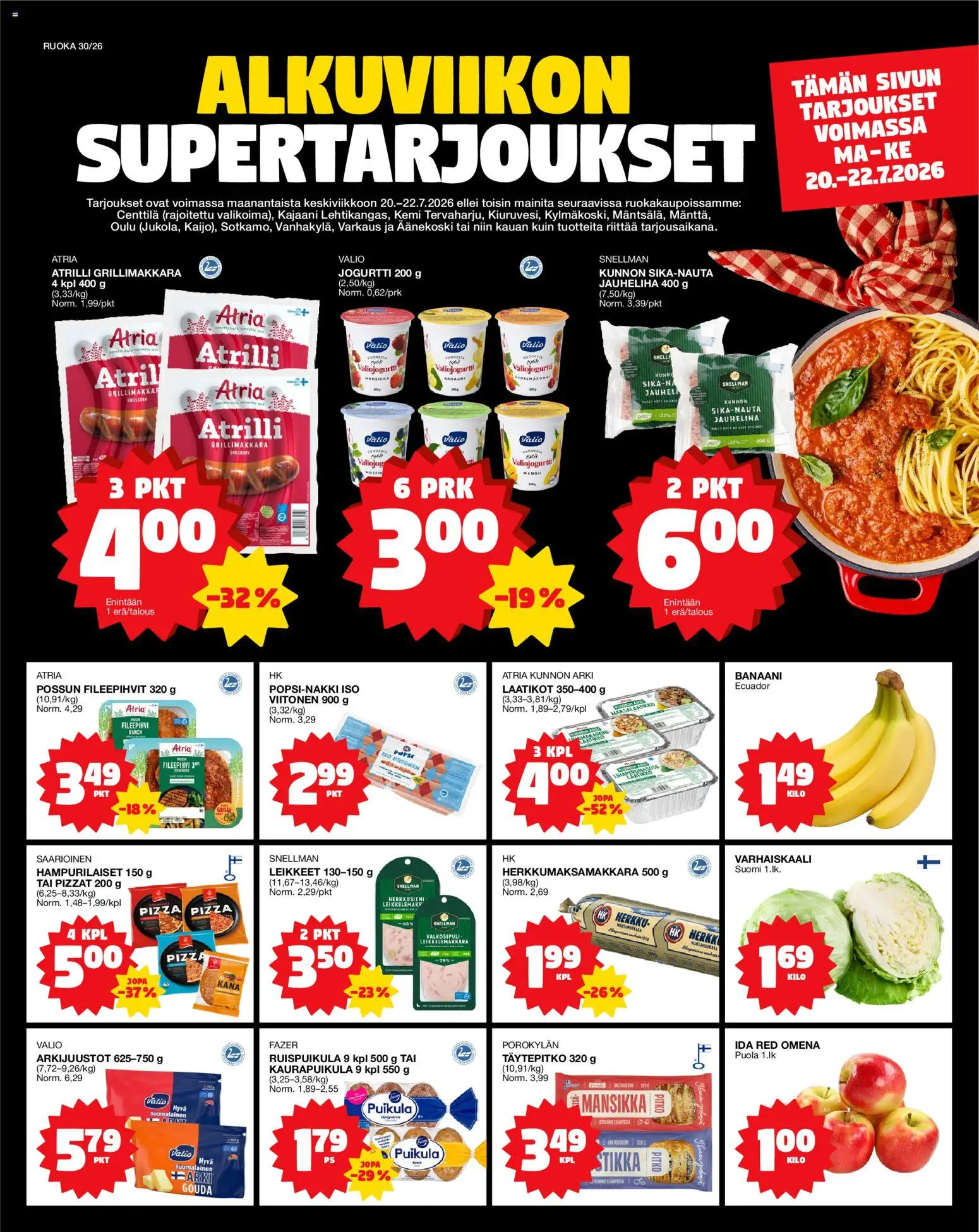 Kaupan Tokmanni Tokmanni ruokatarjoukset esikatselu, voimassa 20/07/2026 - Pizza, Mango, Jauheliha, Kana, Valkosipuli, Jogurtti, Grillimakkara
