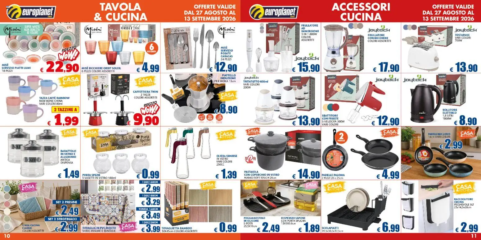 Anteprima dell'opuscolo Europlanet Casa volantino dal negozio Europlanet Casa valido da 27/08/2026 - Frullatore, Porta, Bollitore, Scolapiatti, Bicchiere, Coperchio, Strofinacci, Caffettiera