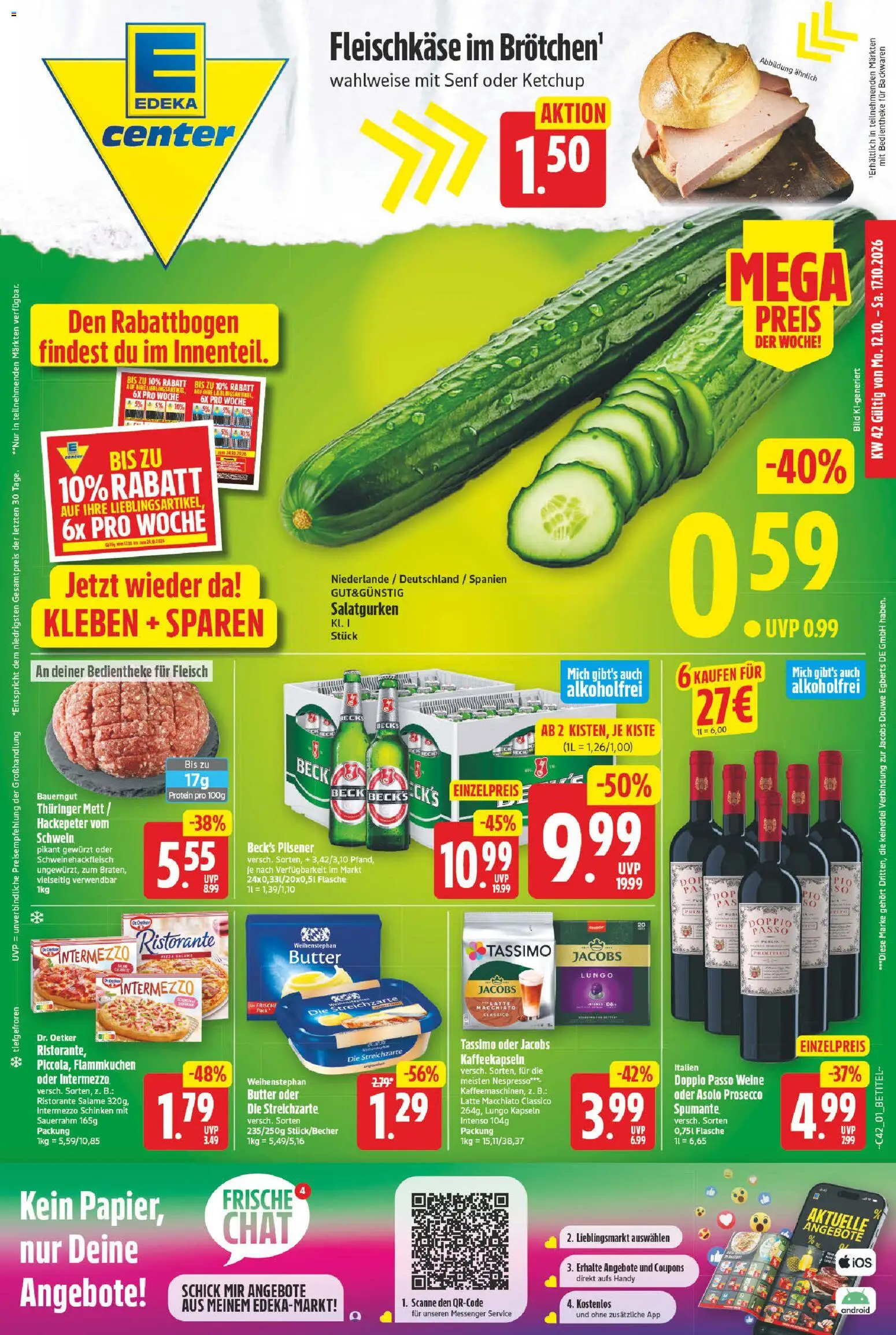 Vorschau von dem Prospekt des Geschäftes E center, gültig ab dem 12.10.2026 - Pizza, Butter, Fleisch, Tassimo, Prosecco, Schinken, Doppio Passo, Bauerngut