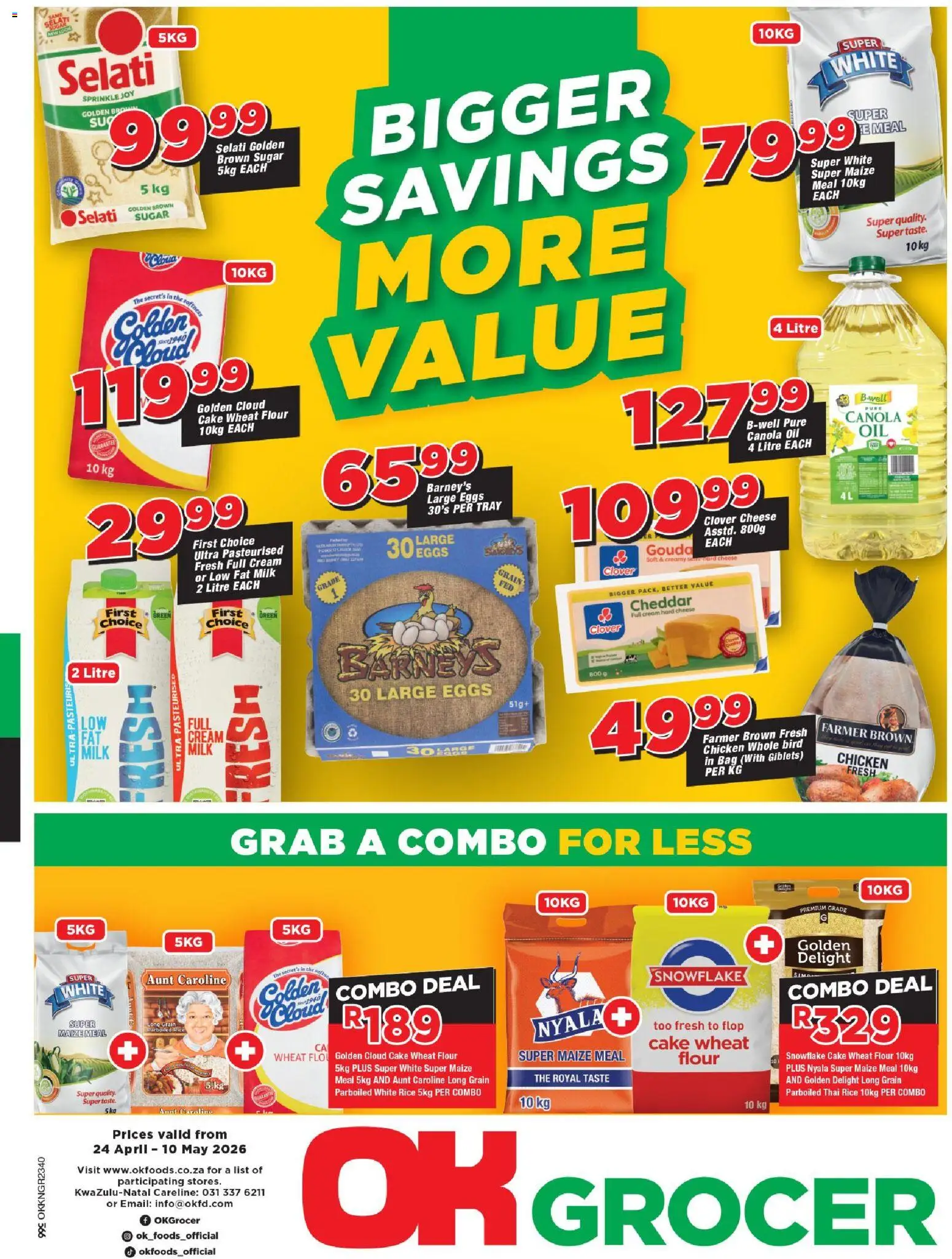 Preview of OK Foods flyer valid from 24/04/2026 - Eggs, Cheese, Sugar, Rice, Cream, Flour, Maize meal, Cheddar