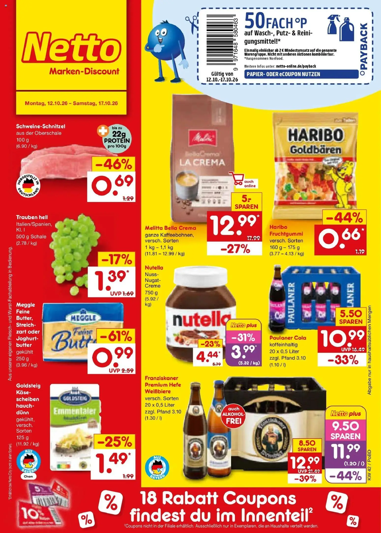 Vorschau von dem Prospekt des Geschäftes Netto Marken-Discount, gültig ab dem 12.10.2026 - Käse, Haribo, Nutella, Fleisch, Paulaner, Trauben, Creme, Franziskaner