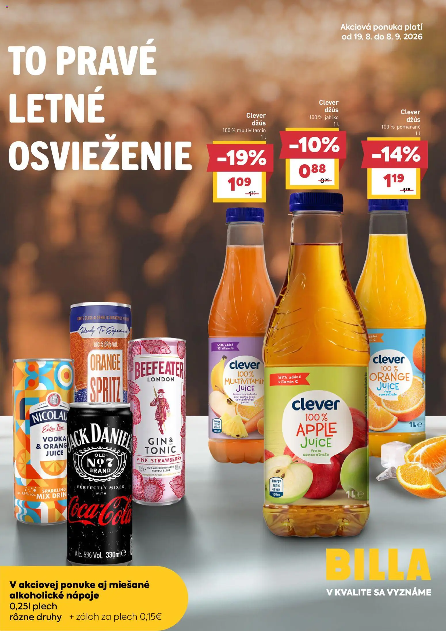 Náhľad Billa letáku platného od 19.08.2026 - Vodka, Coca cola, Beefeater, Tonic, Multivitamín, Beefeater gin, Džús, Nápoje