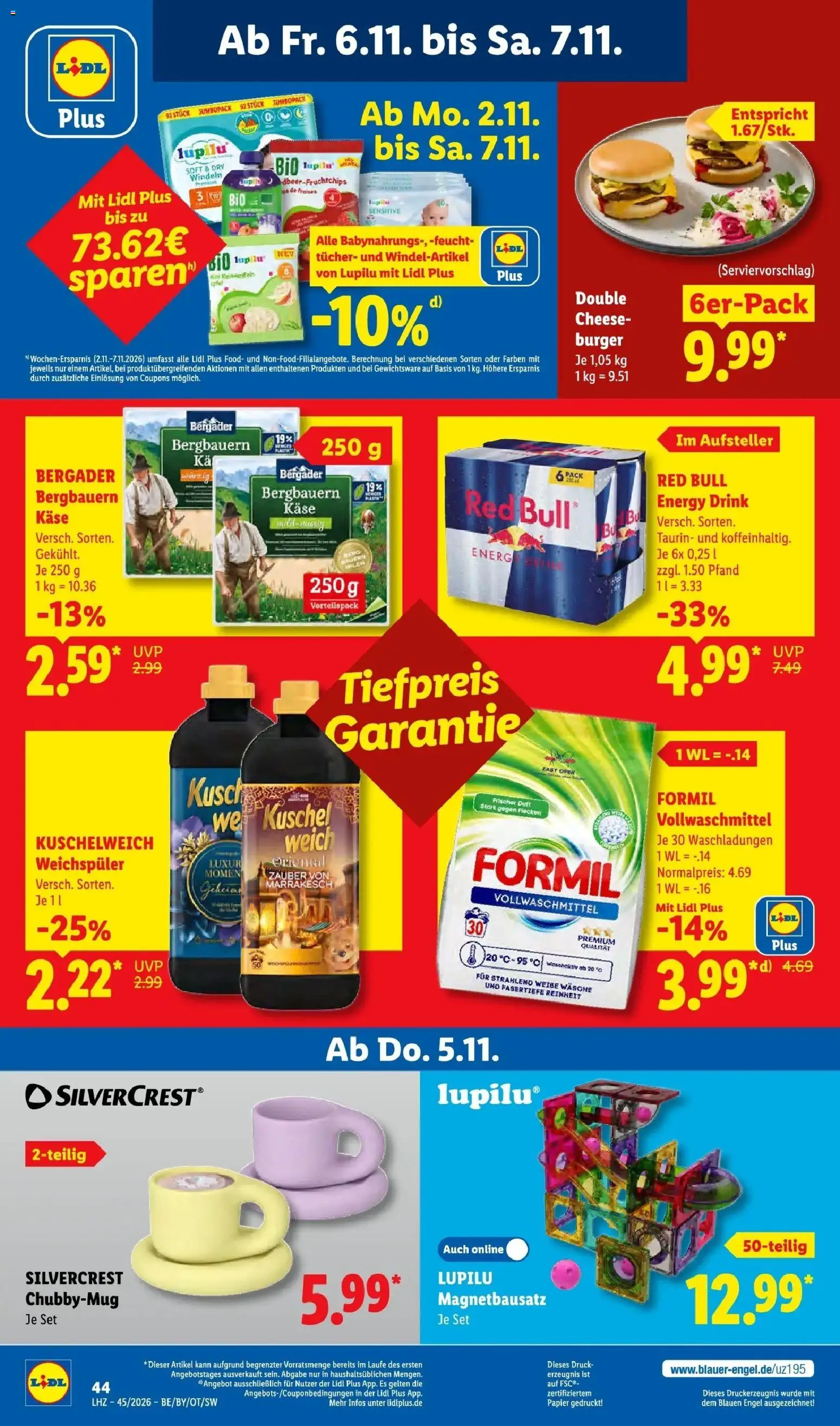Vorschau von dem Prospekt des Geschäftes Lidl, gültig ab dem 02.11.2026 - Burger, Red bull, Käse, Energy, Weichspüler, Duft, Kuschelweich
