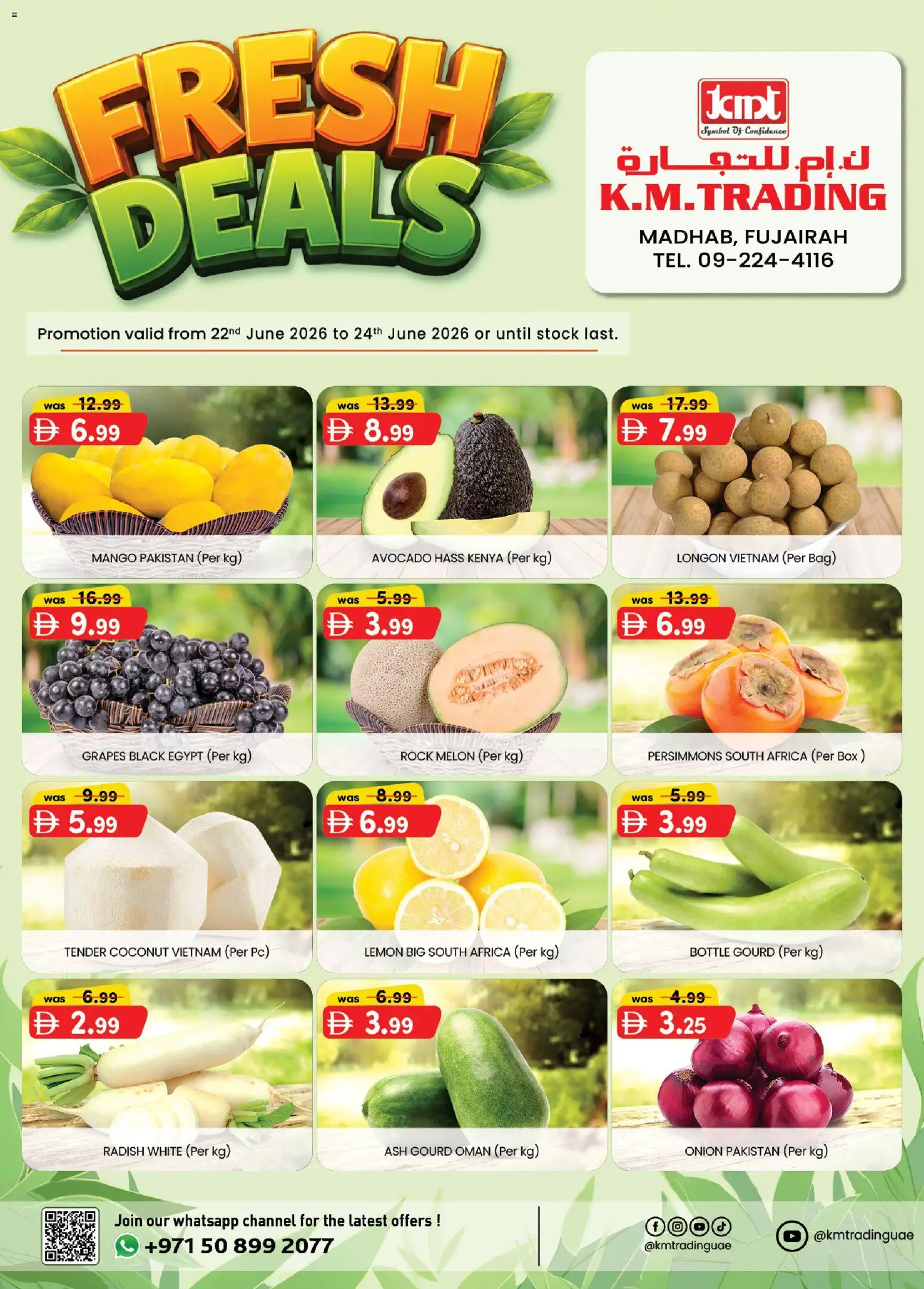 Preview of the catalogue KM Trading fresh deals of store KM Trading valid from 22 Jun, 2026 - Mango, Bag, PC, Stock, Box, Lemon, Grapes, Persimmons