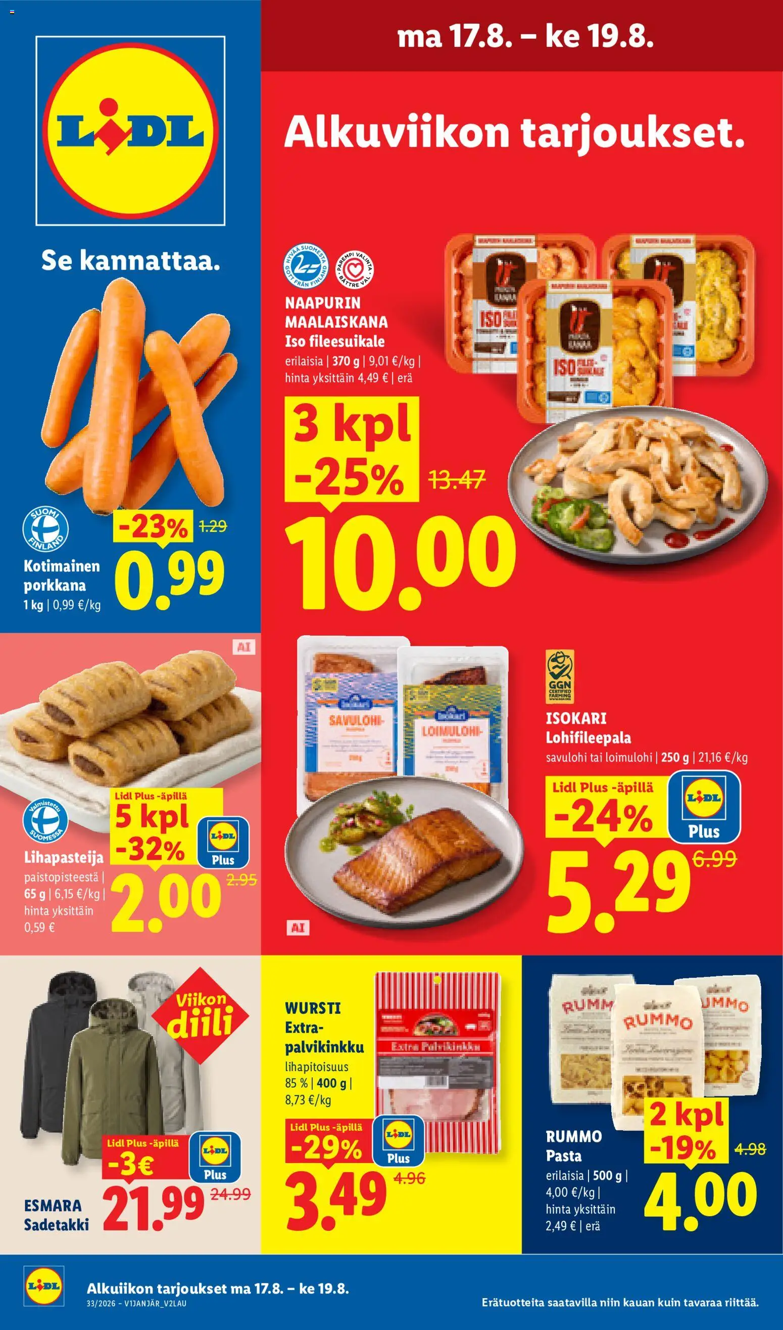 Kaupan Lidl Lidl tarjoukset - Rovaniemi esikatselu, voimassa 17/08/2026 - Pasta, Sadetakki, Porkkana, Savulohi
