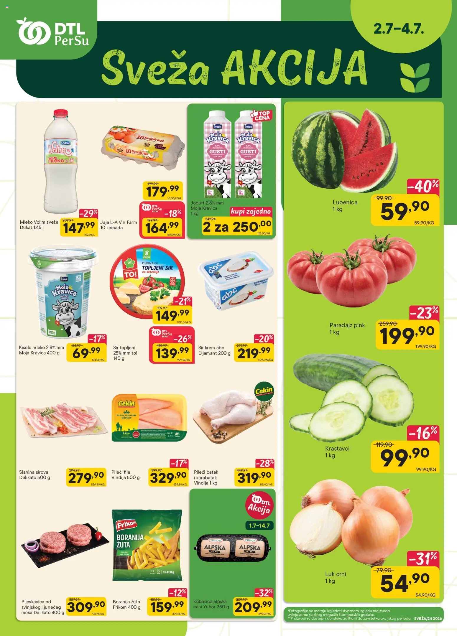 Pregled PerSu kataloga - važi od 02.07.2026 - Boranija, Lubenica, Moja kravica, Jogurt, Luk, Krem, Krastavci, Pileći file