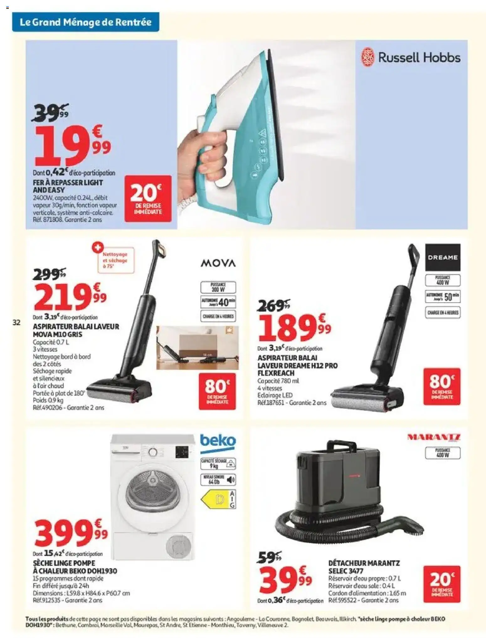 Prévisualisation de Auchan Ménage rentrée hypers du magasin Auchan formulaire valide 08/09/2026 - Aspirateur, Aspirateur balai, Balai, Poids, Éclairage, Fer à repasser, Russell Hobbs, Réservoir d'eau