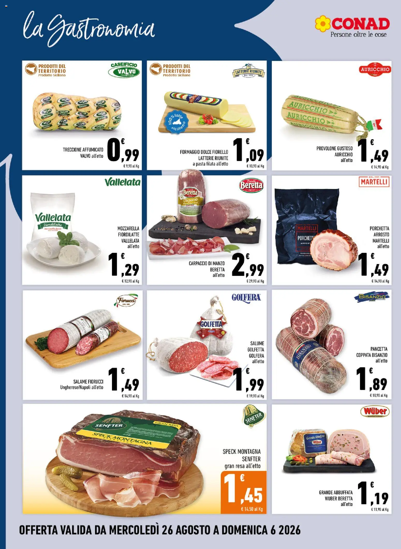 Anteprima dell'opuscolo Conad volantino Margherita Sicilia dal negozio Conad valido da 26/08/2026 - Latte, Porchetta, Formaggio, Mozzarella, Carpaccio, Manzo, Salame, Pancetta