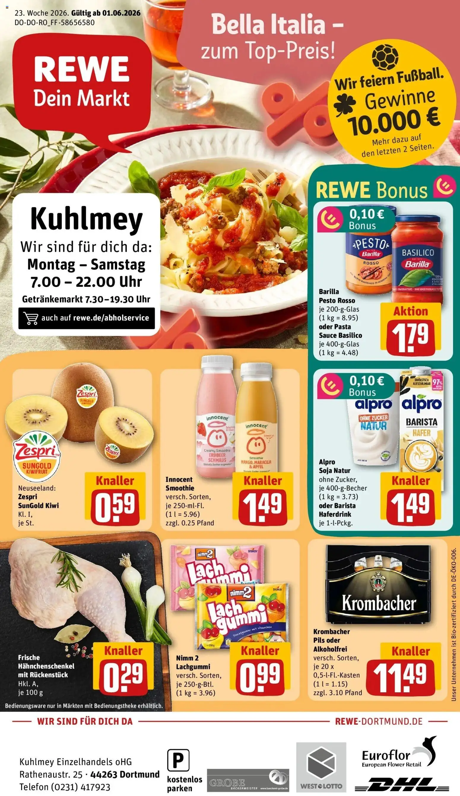 Vorschau von dem Prospekt des Geschäftes Rewe, gültig ab dem 01.06.2026 - Telefon, Pasta, Kiwi, Krombacher, Zucker, Hahnchenschenkel, Barilla, Haferdrink