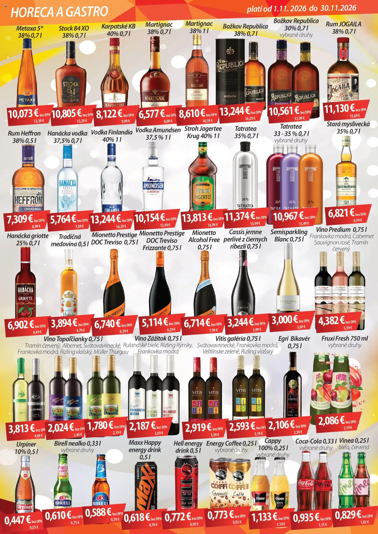Náhľad CBA Verex letáku platného od 01.11.2026 - Vodka, Urpiner, Vinea, Birell, Finlandia, Božkov, Republica, Metaxa 5*