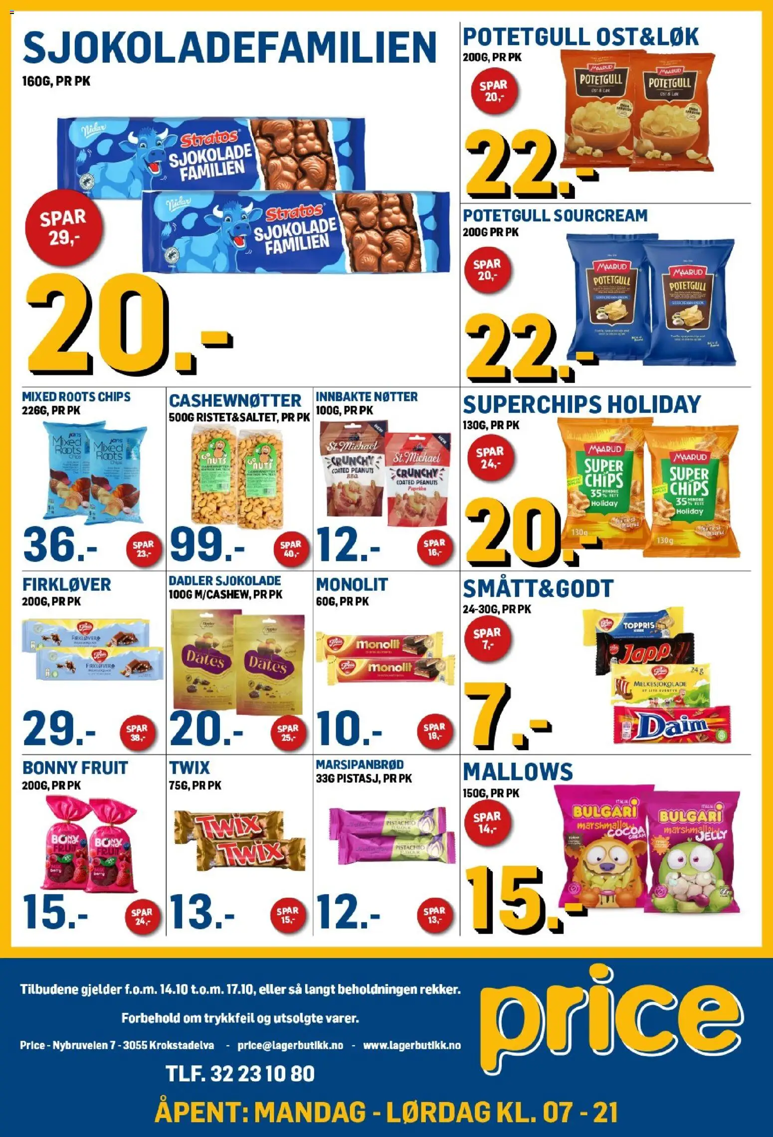 Forhåndsvis Price Lagerbutikk kundeavis fra butikk Price Lagerbutikk gyldig fra 14/10/2026 - Sjokolade, Chips, Nøtter, Marshmallow, Paprika, Potetgull, Dadler, Cashewnøtter