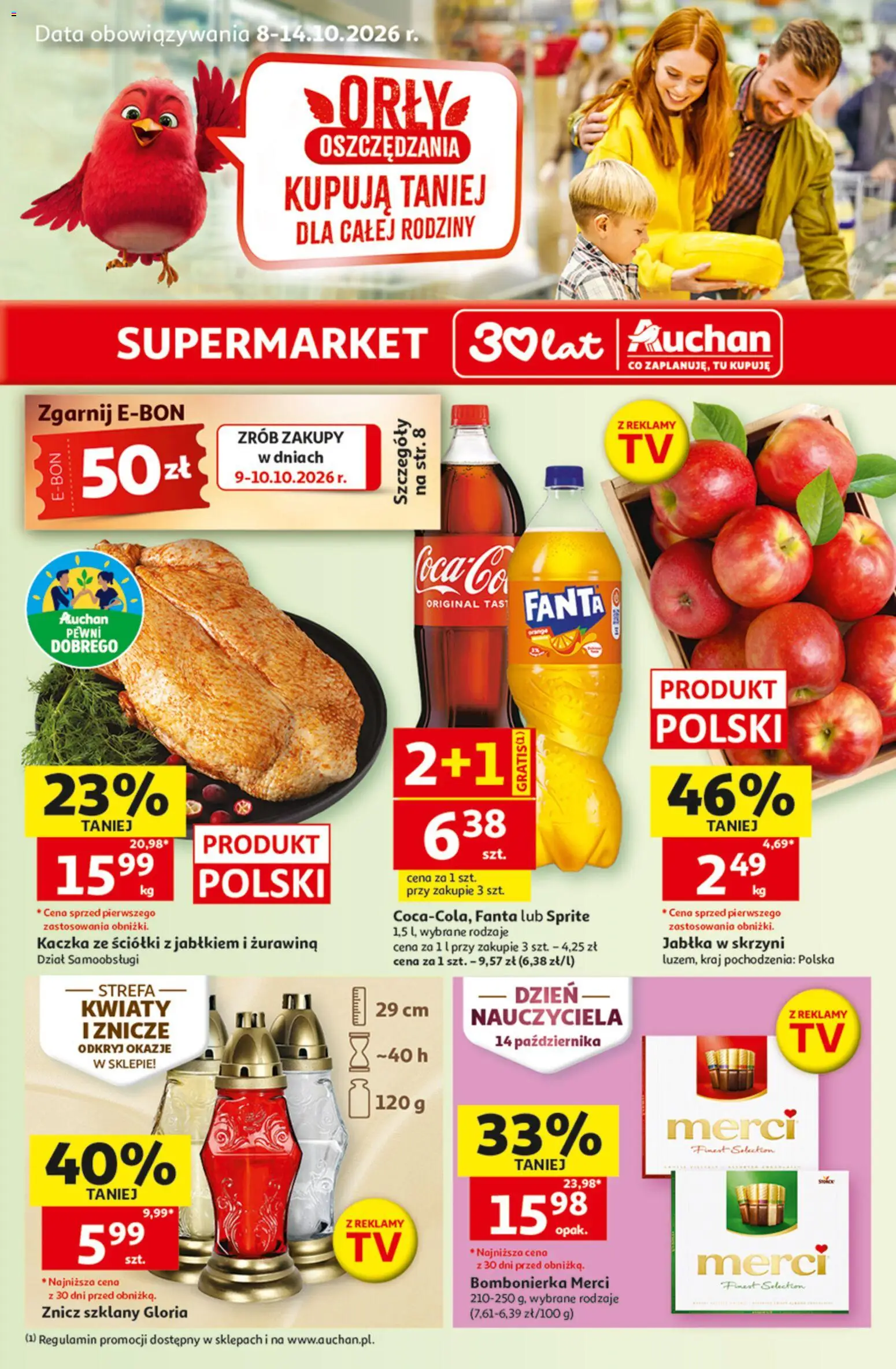Pogląd gazetki "Auchan gazetka" ze sklepu Auchan ważnej od 08.10.2026 - Kwiaty, Kaczka, Merci, Żurawina, Bombonierka, Sprite, Fanta, Jabłka
