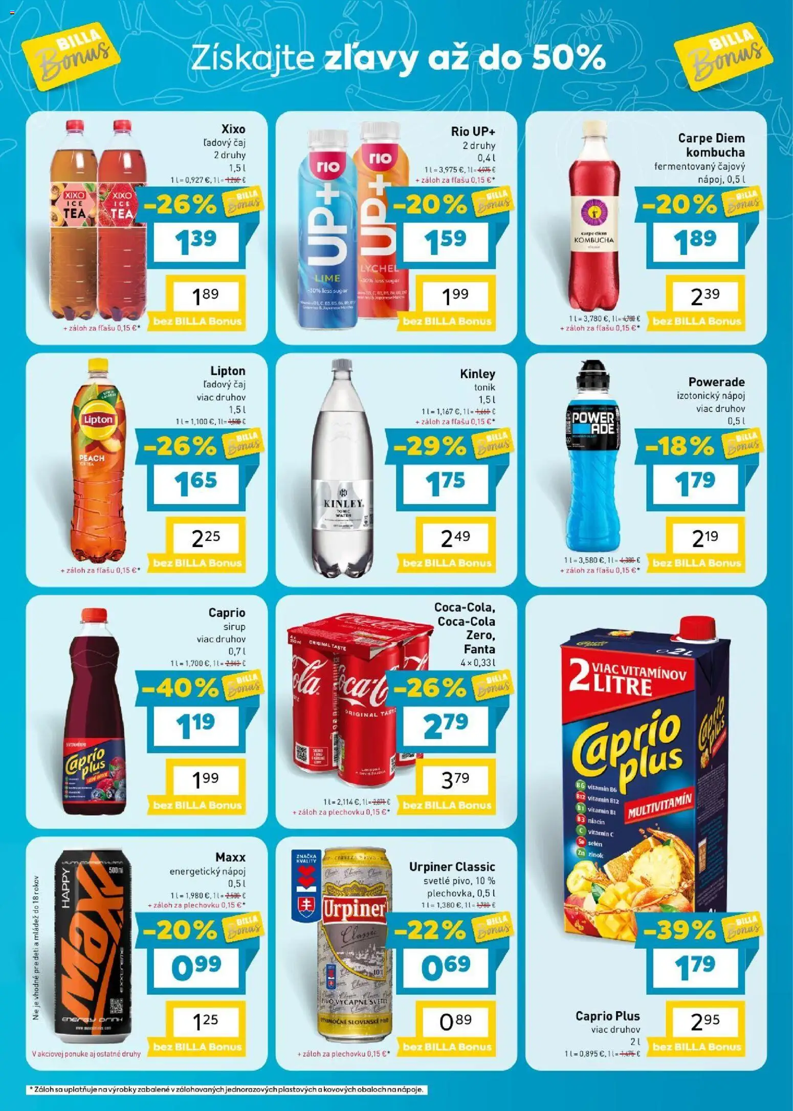 Náhľad Billa letáku platného od 16.09.2026 - Pivo, Čaj, Sirup, Tonic, Fanta, Urpiner, Energetický nápoj, Ľadový čaj