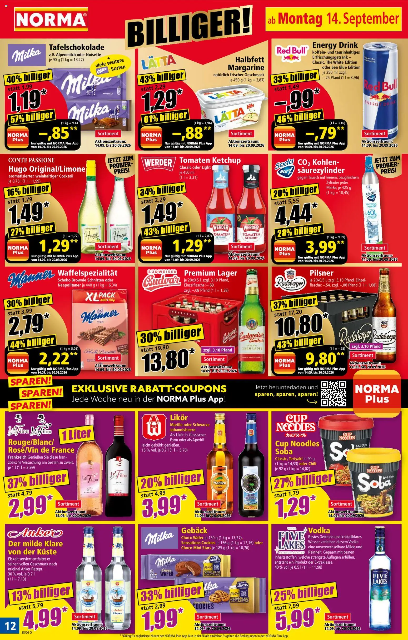 Vorschau von dem Prospekt des Geschäftes Norma, gültig ab dem 14.09.2026 - Red bull, Hugo, Milka, Vodka, Ketchup, Lätta, Radeberger pilsner, Le filou