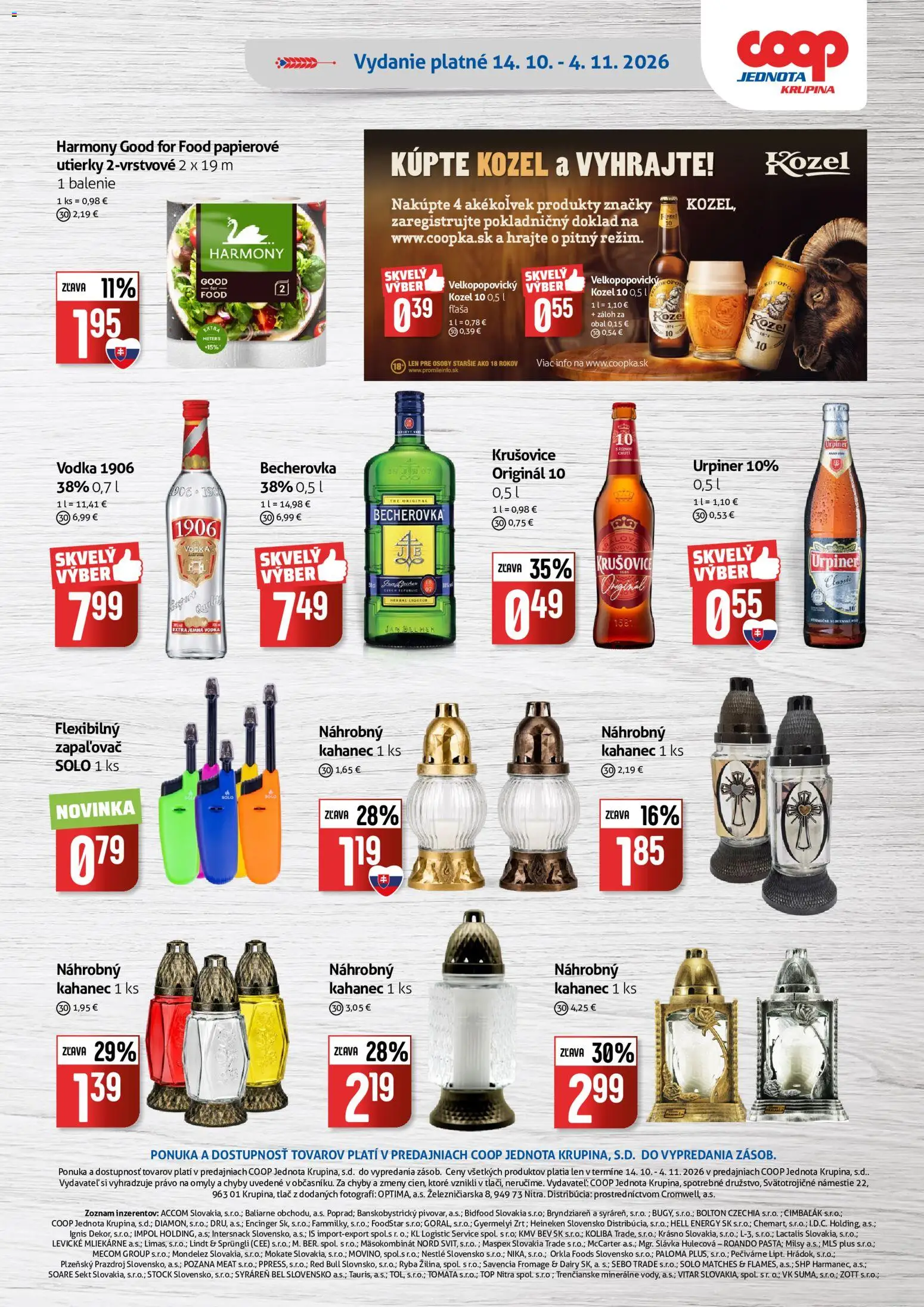 Náhľad COOP Jednota letáku platného od 14.10.2026 - Red Bull, Ryba, Vodka, Lindt, Becherovka, Urpiner, Krušovice, Papierové utierky