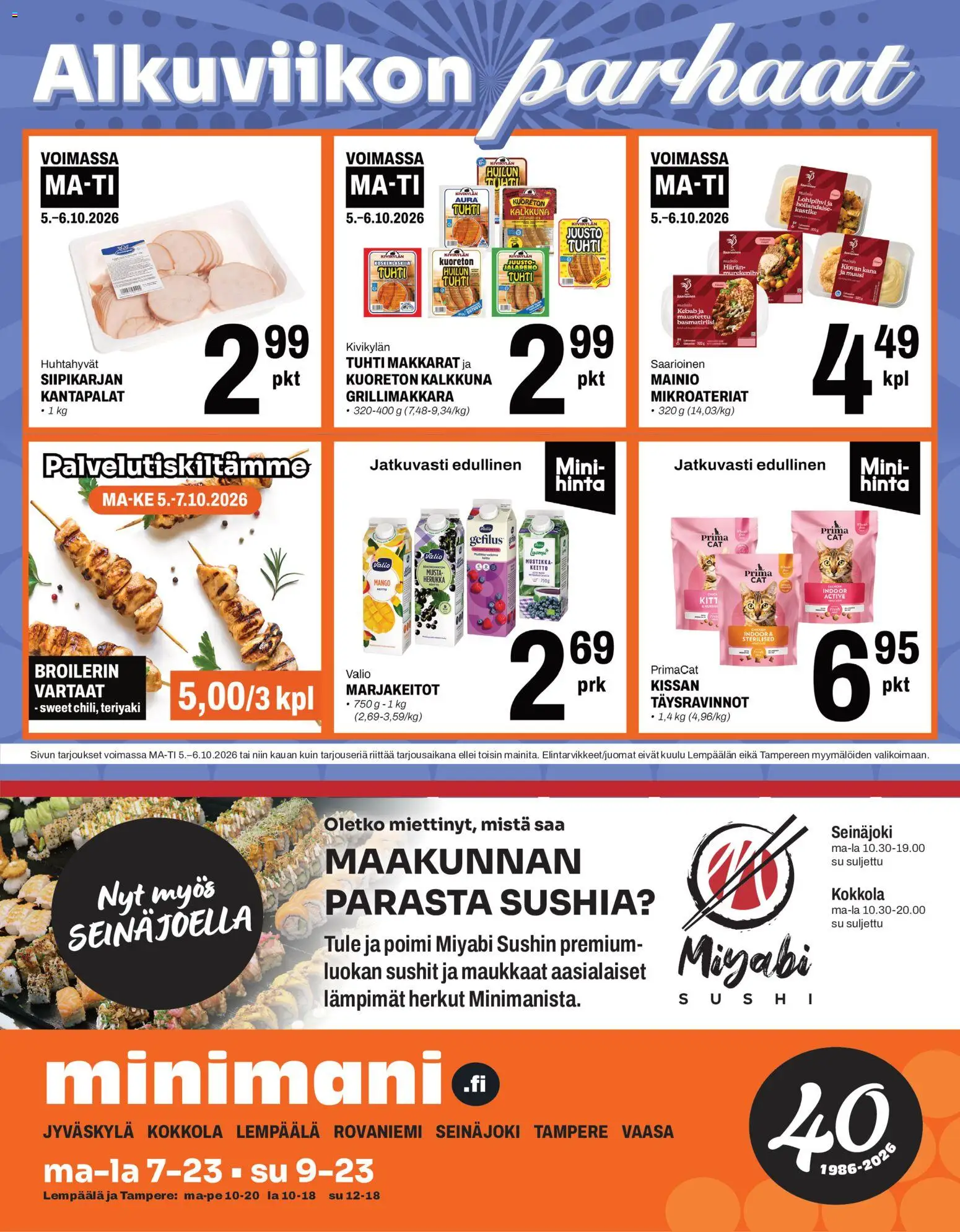 Kaupan Minimani Minimani tarjoukset esikatselu, voimassa 05/10/2026 - Sushi, Mango, Mustikka, Keitto, Kalkkuna, Grillimakkara, Vartaat, Makkarat