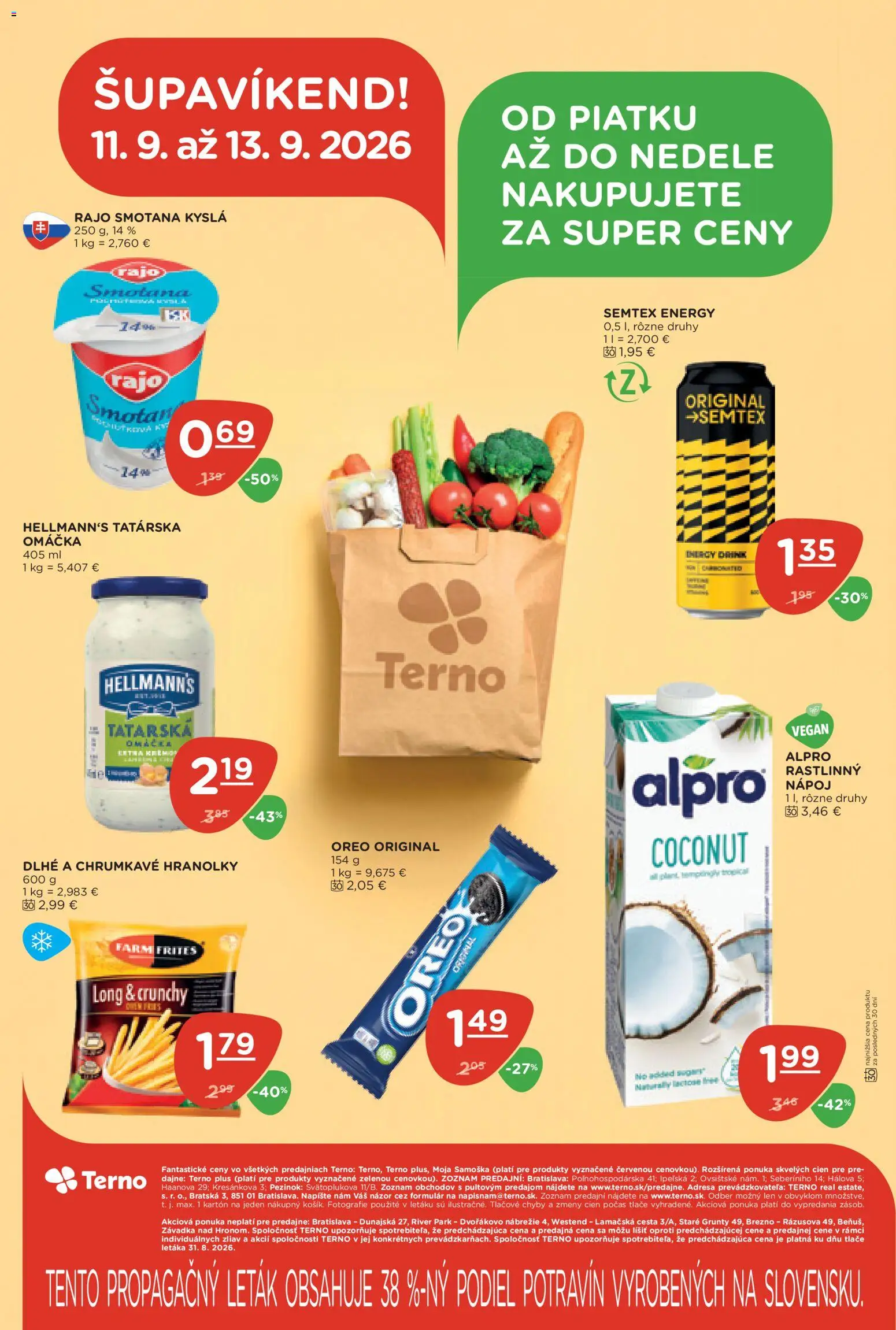 Náhľad Terno letáku platného od 10.09.2026 - Hranolky, Oreo, Tatárska omáčka, Omáčka, Smotana, Alpro