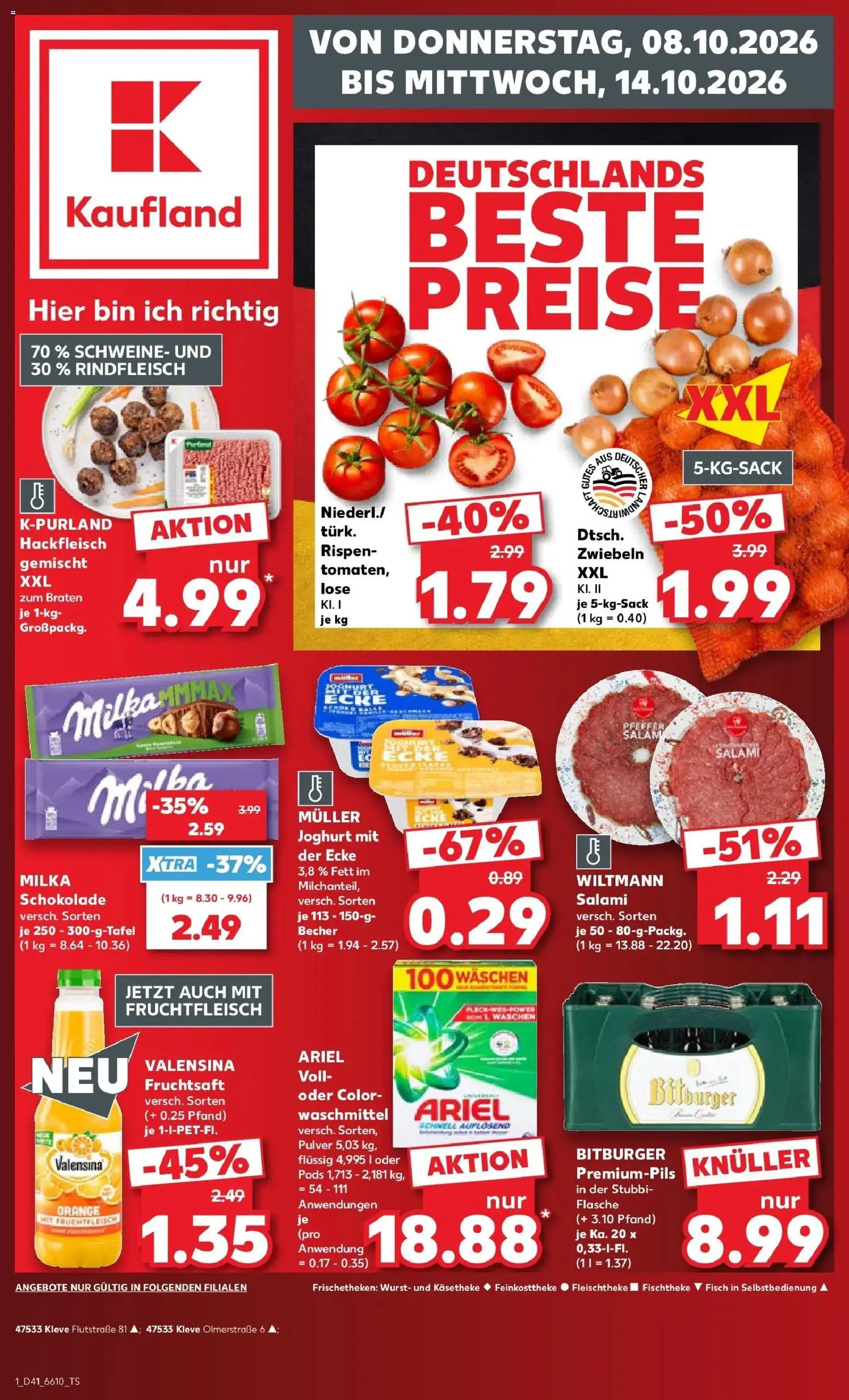 Vorschau von dem Prospekt des Geschäftes Kaufland, gültig ab dem 08.10.2026 - Wurst, Hackfleisch, Milka, Salami, Waschmittel, Bitburger, Zwiebeln, Valensina