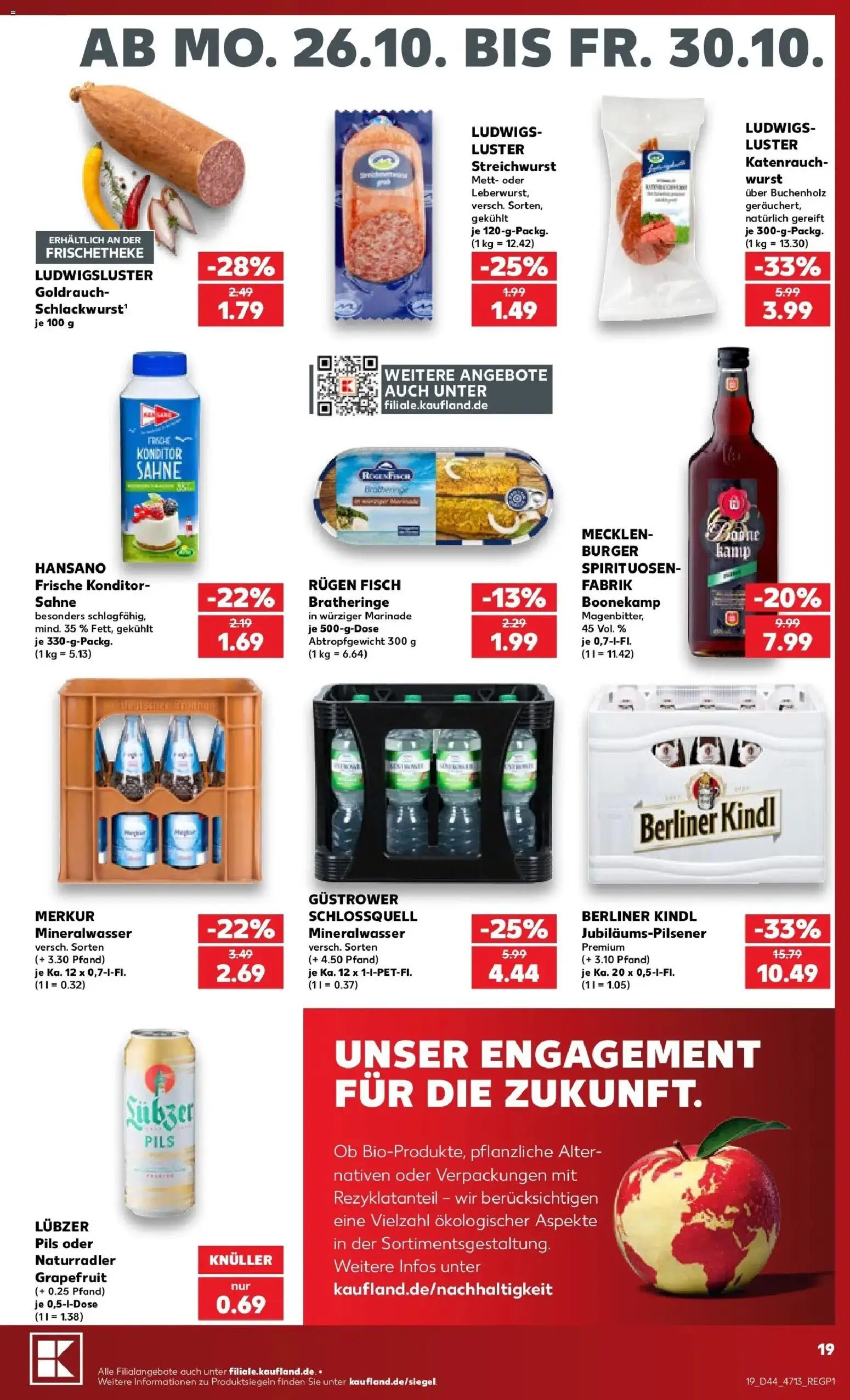 Vorschau von dem Prospekt des Geschäftes Kaufland, gültig ab dem 26.10.2026 - Burger, Fisch, Wurst, Mineralwasser, Grapefruit, Berliner, Pils, Lubzer