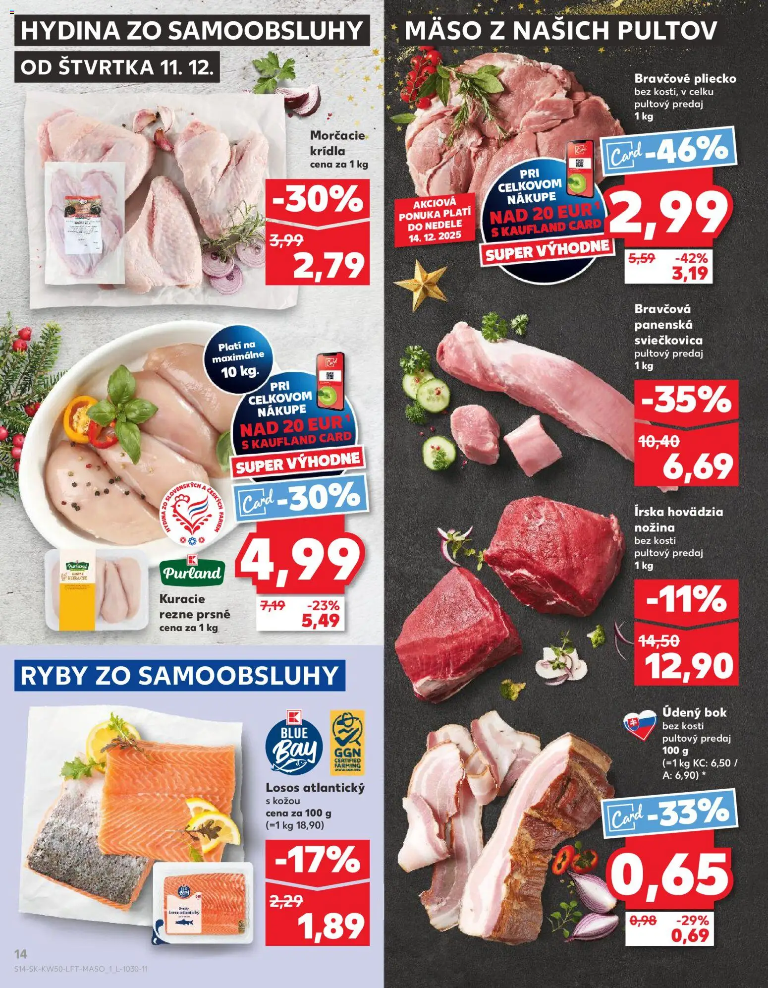 Náhľad Kaufland letáku platného od 11.12.2025 - Mäso, Ryby, Losos, Kuracie rezne, Bravčové pliecko, Bok bez kosti