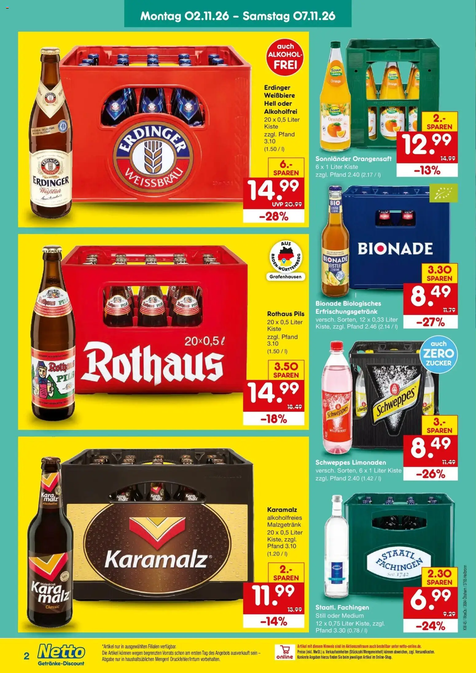 Vorschau von dem Prospekt des Geschäftes Netto Marken-Discount, gültig ab dem 02.11.2026 - Alkohol, Zucker, Schweppes, Bionade, Orangensaft, Erdinger, Weißbier, Pils