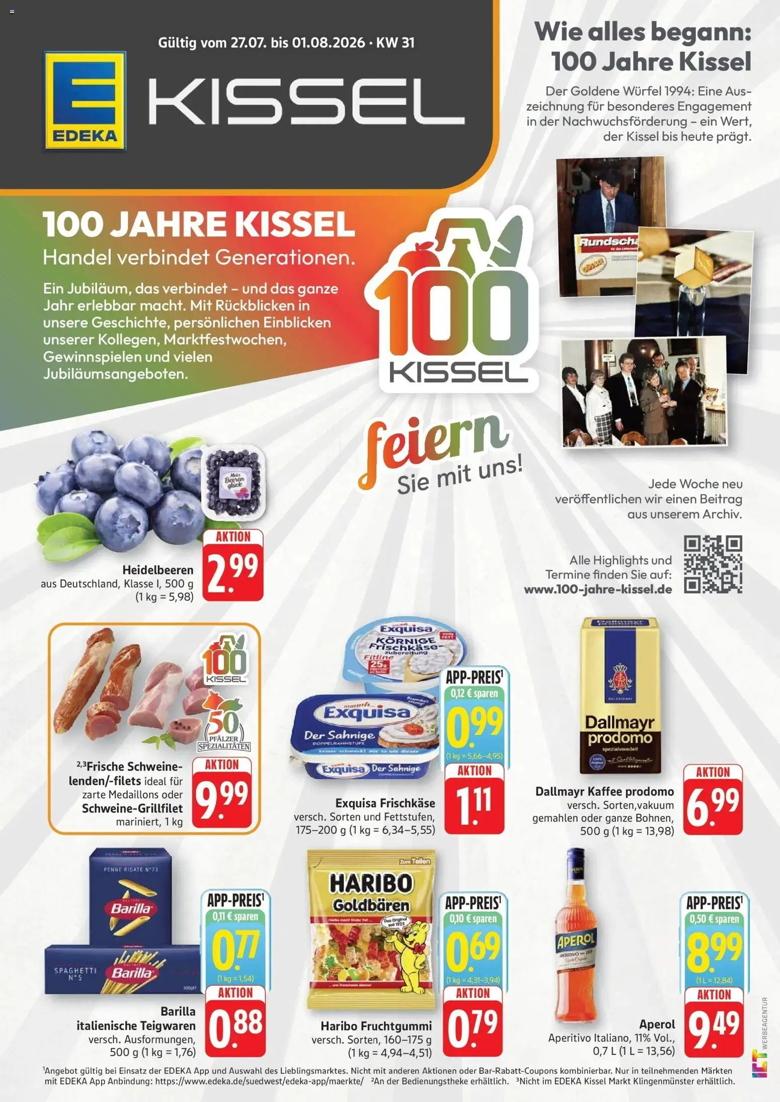 Vorschau von dem Prospekt des Geschäftes Edeka, gültig ab dem 27.07.2026 - Kaffee, Haribo, Aperol, Spaghetti, Dallmayr, Spezialitäten, Exquisa, Exquisa frischkase