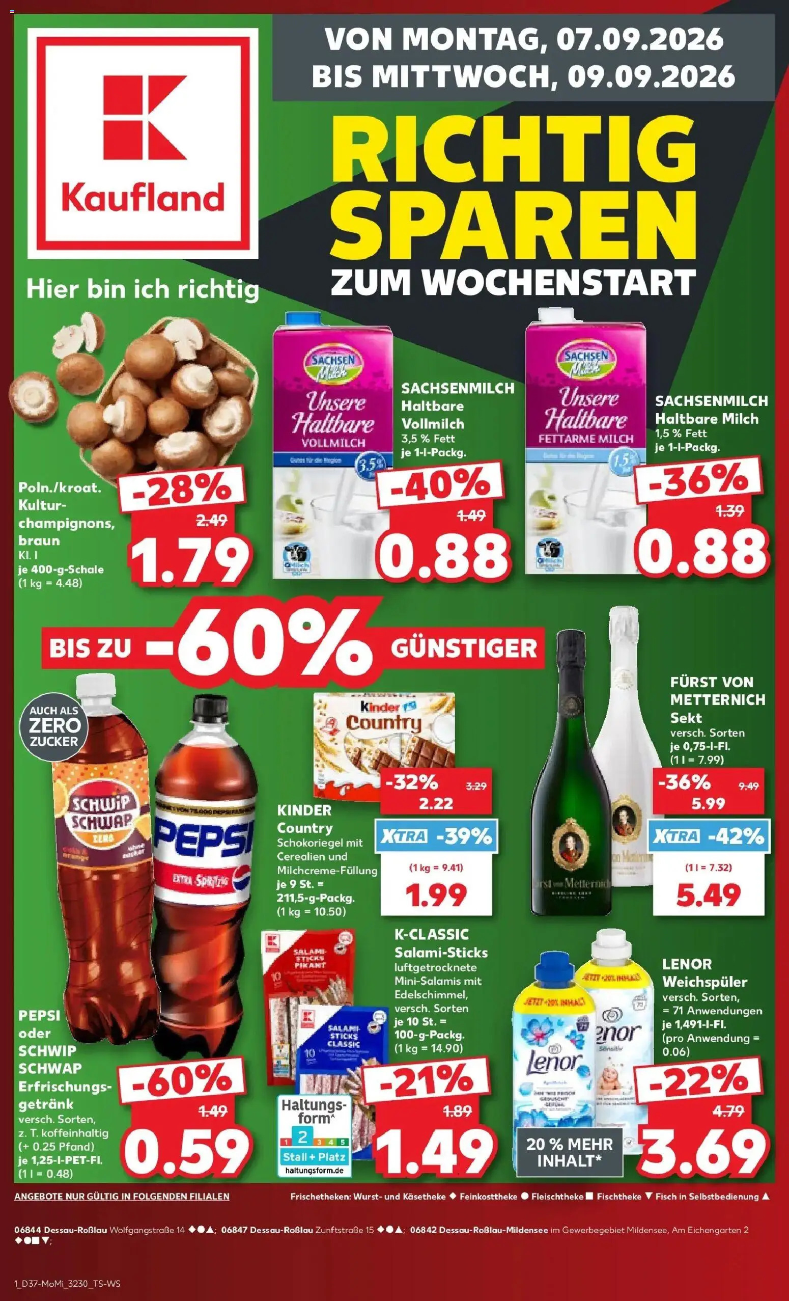 Vorschau von dem Prospekt des Geschäftes Kaufland, gültig ab dem 07.09.2026 - Fisch, Zucker, Sekt, Weichspüler, Pepsi, Lenor, Haltbare milch, Milch 1,5%