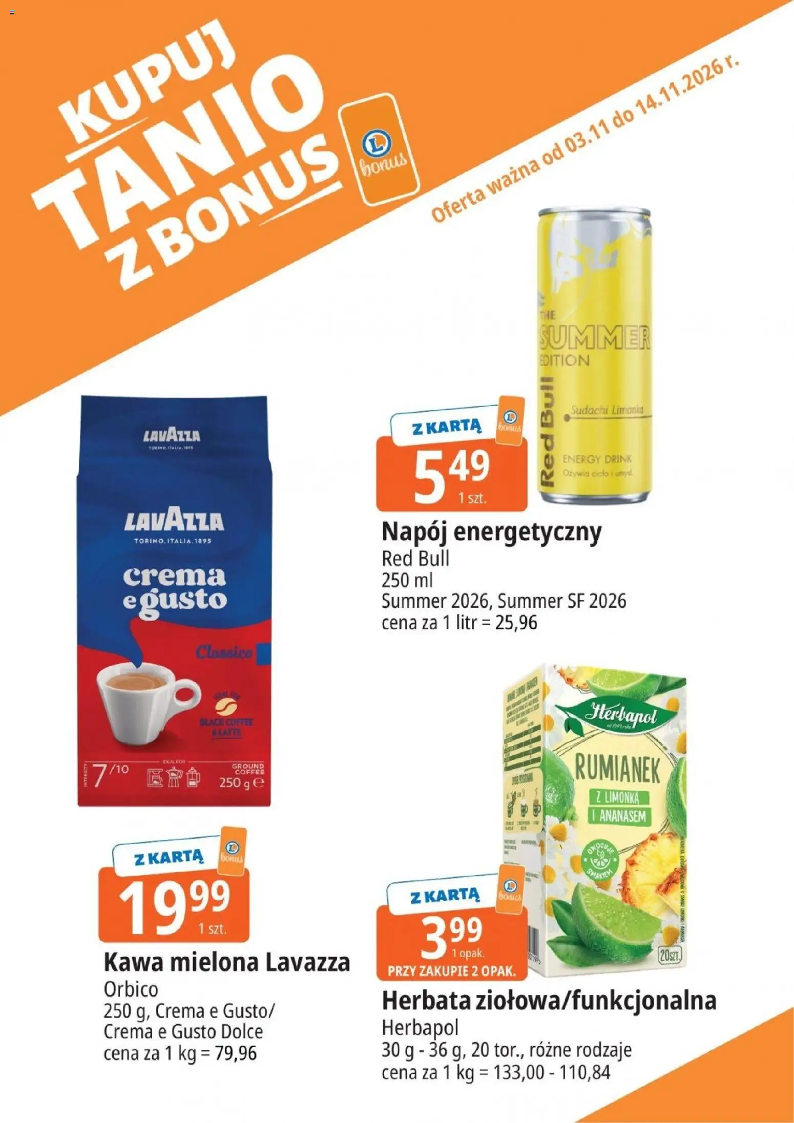 Pogląd gazetki "E.Leclerc gazetka - Kupuj Tanio Z Bonus II" ze sklepu E.Leclerc ważnej od 03.11.2026 - Kawa, Herbata, Red bull, Rumianek, Lavazza, Karta, Kawa mielona, Napój energetyczny