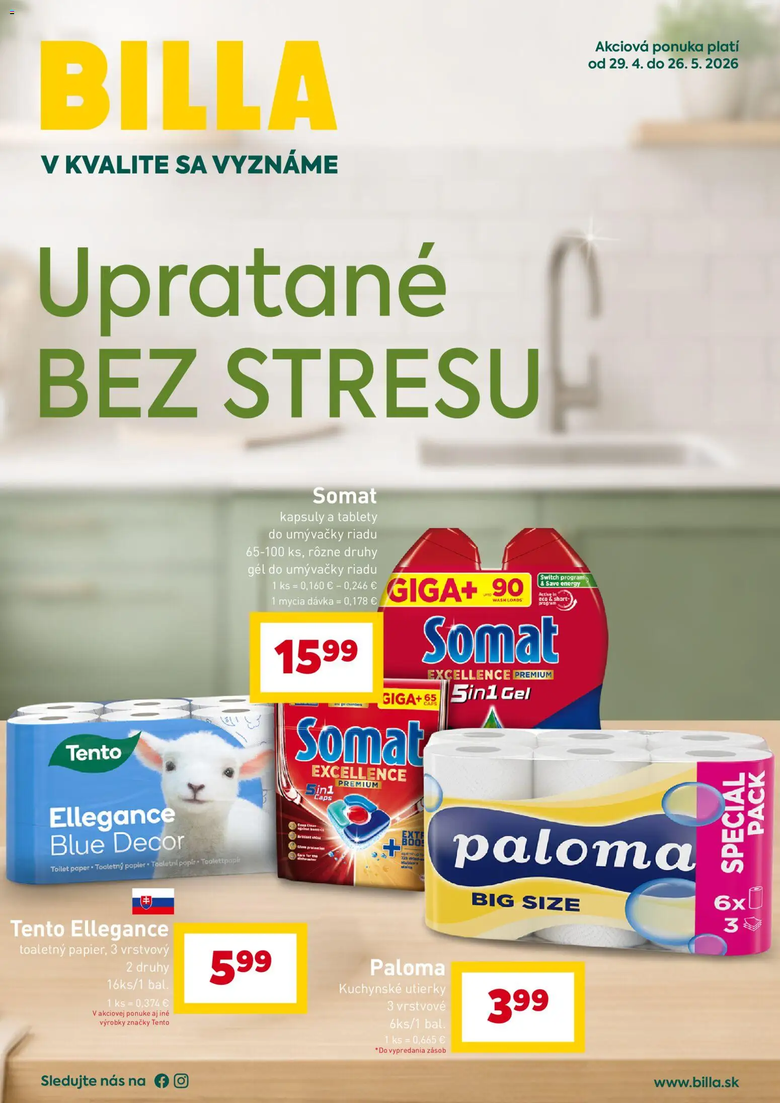 Náhľad Billa letáku platného od 29.04.2026 - Toaletný papier, Tablety do umývačky, Kuchynské utierky, Utierky, Tablety do umývačky riadu, Gél do umývačky