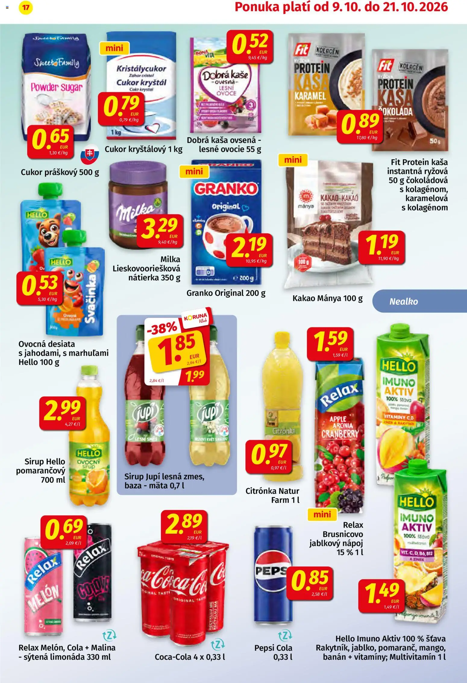 Náhľad Koruna letáku platného od 09.10.2026 - Apple, Čokoláda, Ovocie, Cukor, Granko, Multivitamín, Nátierka, Kaša