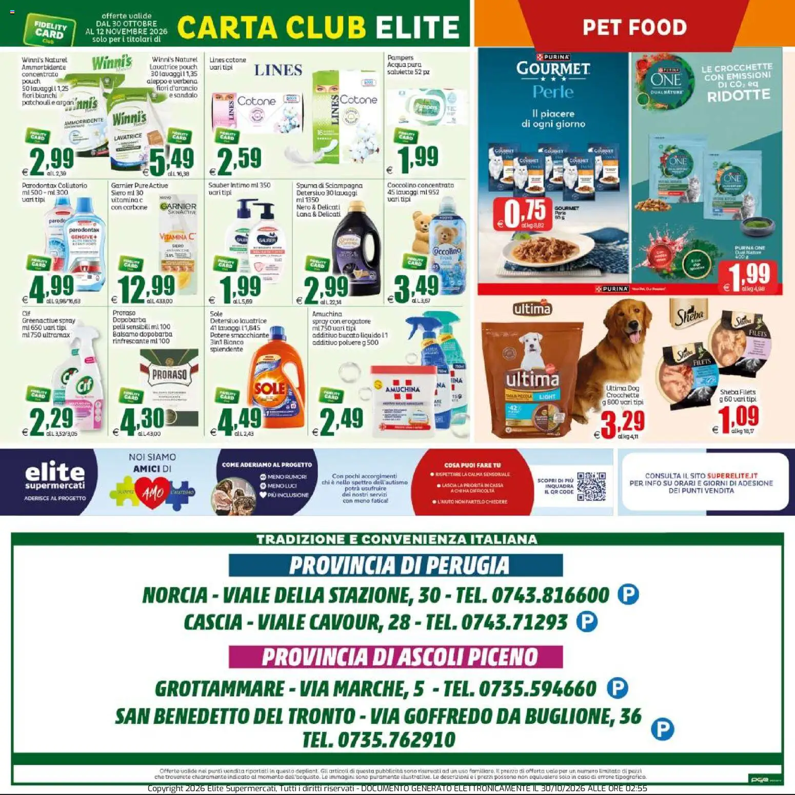 Anteprima dell'opuscolo Elite Supermercati volantino Prezzi Tondi dal negozio Elite Supermercati valido da 30/10/2026 - Acqua, Lavatrice, Pampers, Carbone, Intimo, Balsamo, Crocchette, Dopobarba