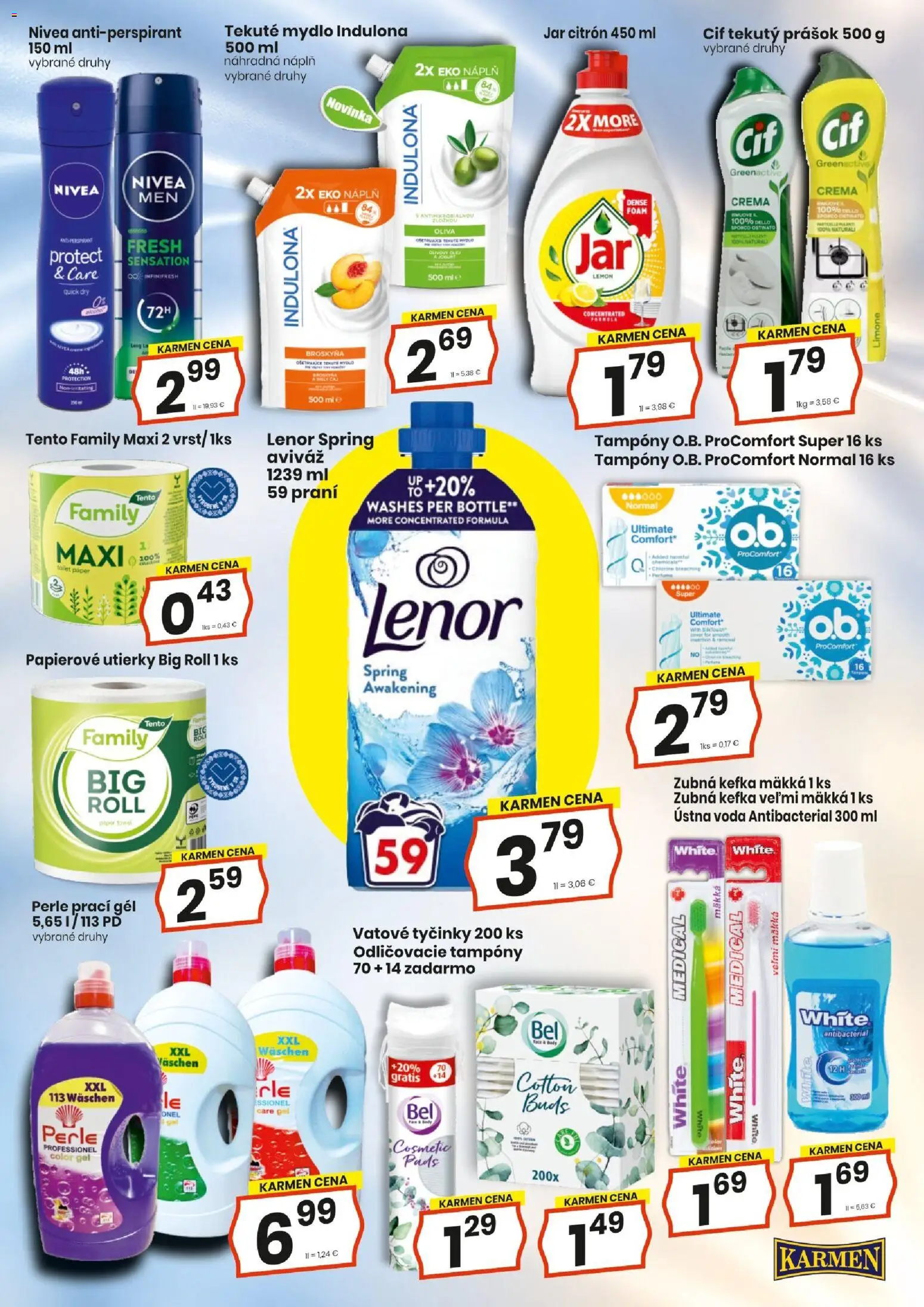 Náhľad KARMEN CBA letáku platného od 15.10.2026 - Voda, Indulona, Antiperspirant, Lenor, Papierové utierky, Utierky, Ústna voda, Prací gél