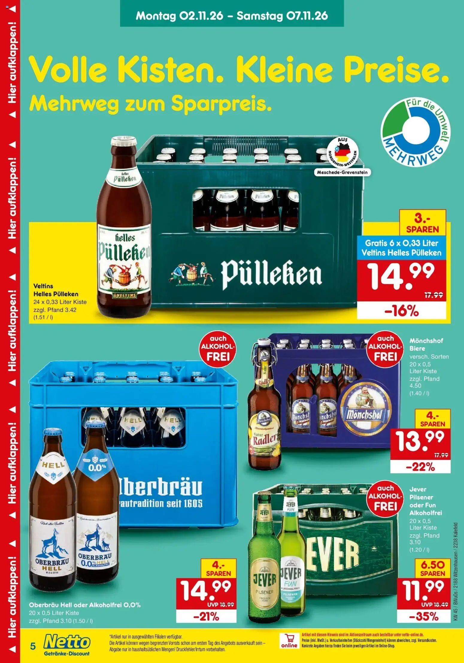 Vorschau von dem Prospekt des Geschäftes Netto Marken-Discount, gültig ab dem 02.11.2026 - Alkohol, Jever, Veltins, Radler, Monchshof, Helles pulleken