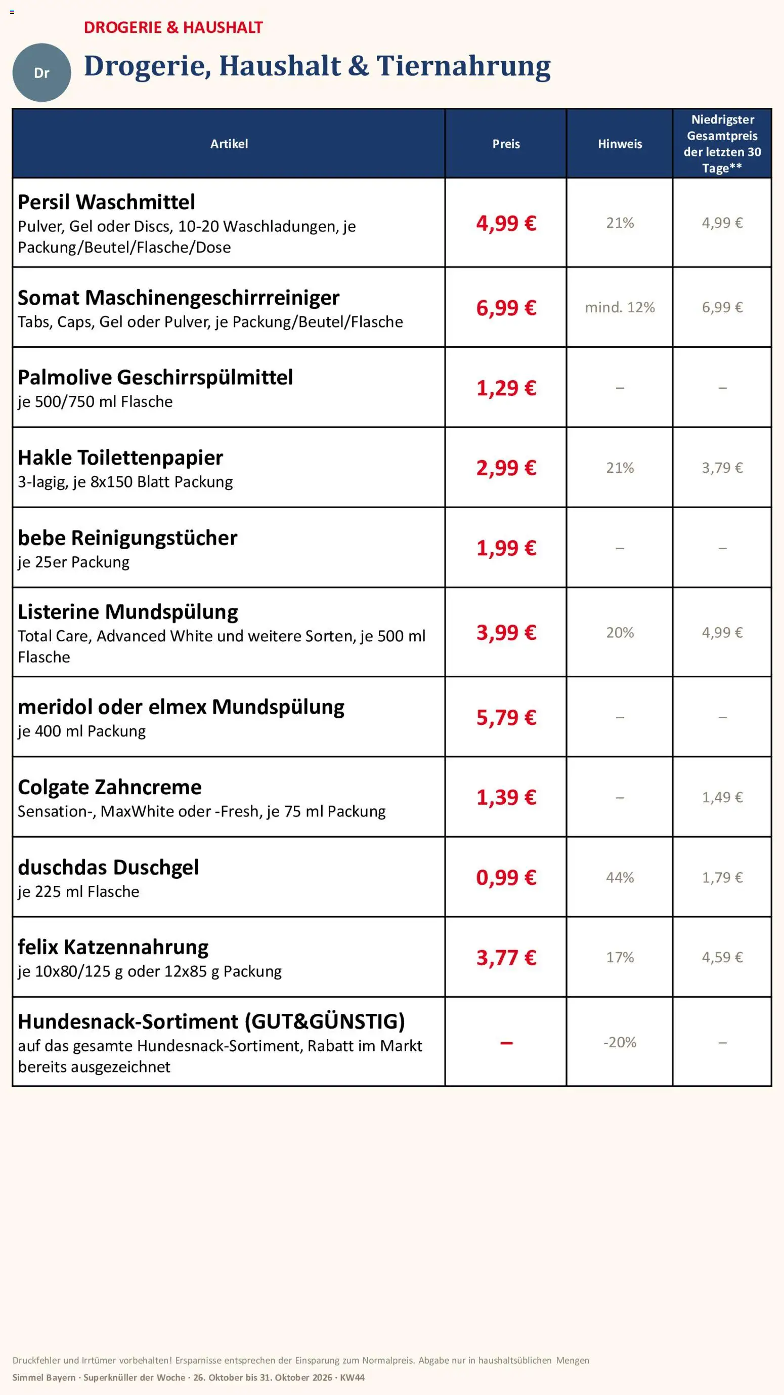 Vorschau von dem Prospekt des Geschäftes Simmel, gültig ab dem 26.10.2026 - Toilettenpapier, Waschmittel, Persil, Duschgel, Listerine, Geschirrspülmittel, Duschdas, Reinigungstücher