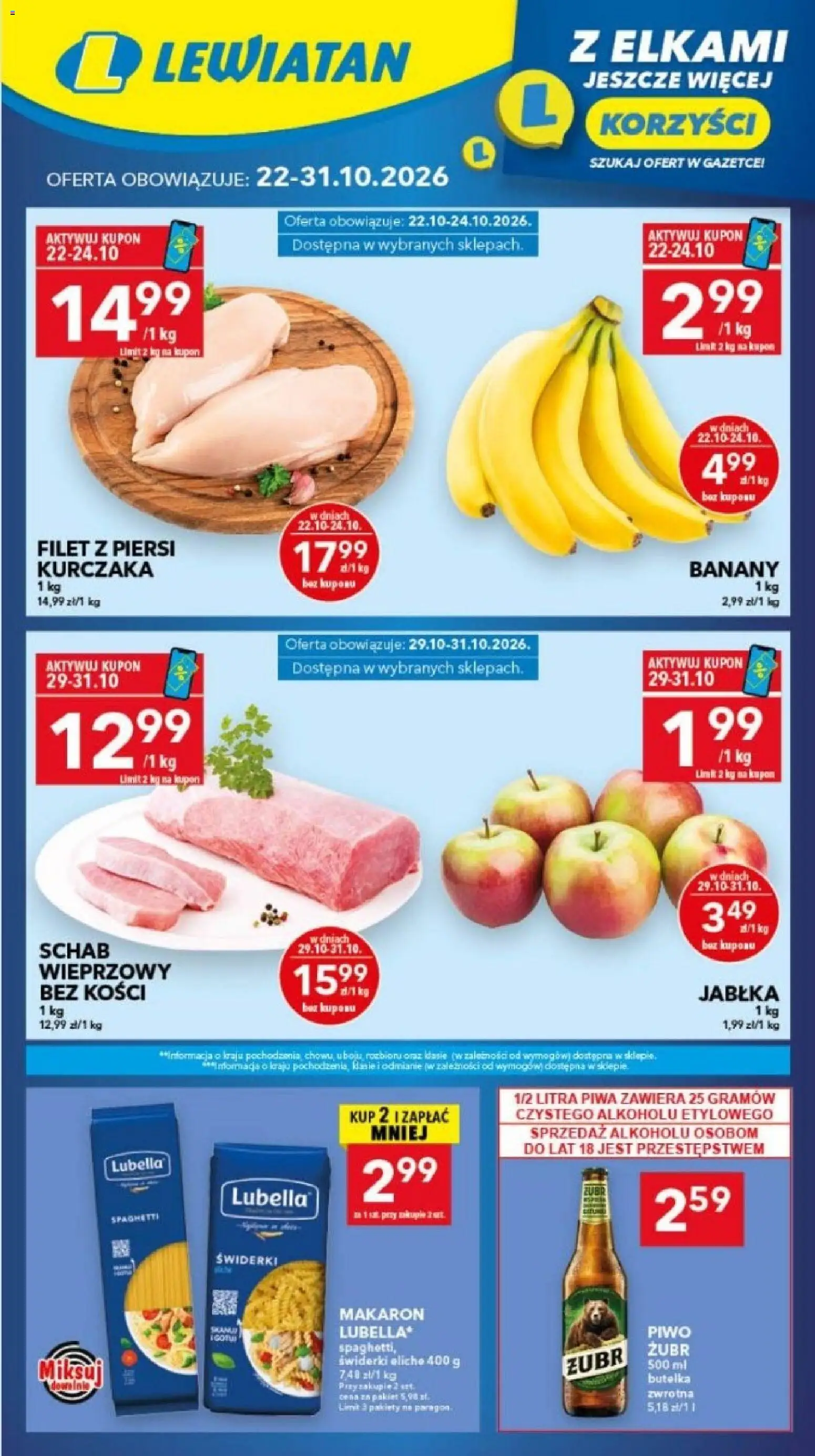 Pogląd gazetki "Lewiatan gazetka - Ostrów Wielkopolski" ze sklepu Lewiatan ważnej od 22.10.2026 - Piwo, Makaron, Schab, Piersi, Jabłka, Banany, Filet, Filet z piersi kurczaka